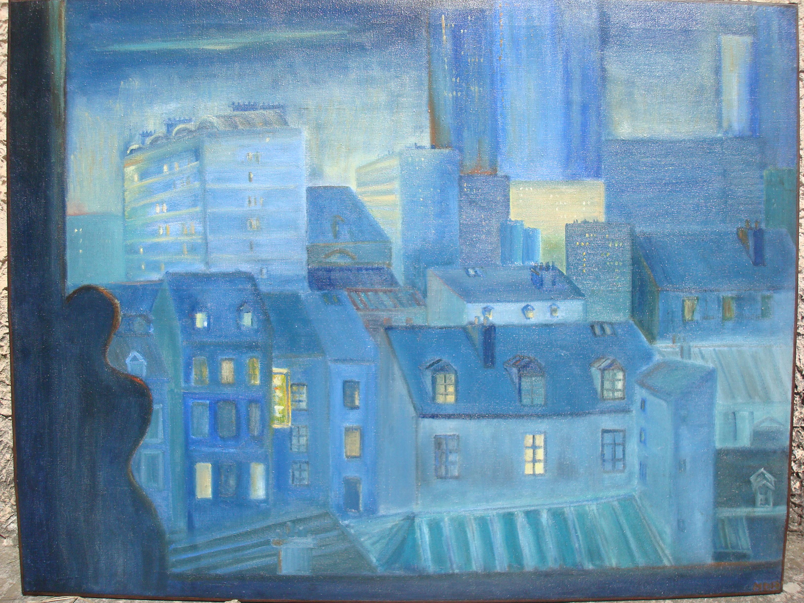 Peinture originale à l'huile sur toile représentant les toits de Paris, France, certainement une chambre avec une vue magnifique. 
Superbes couleurs bleues contemporaines. 
Signé à la main en bas à droite, artiste non identifié.

Grand original