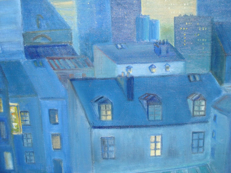 Organic Modern Large Contemporary Blue Oil on Canvas Painting Rooftops of Paris France For Sale