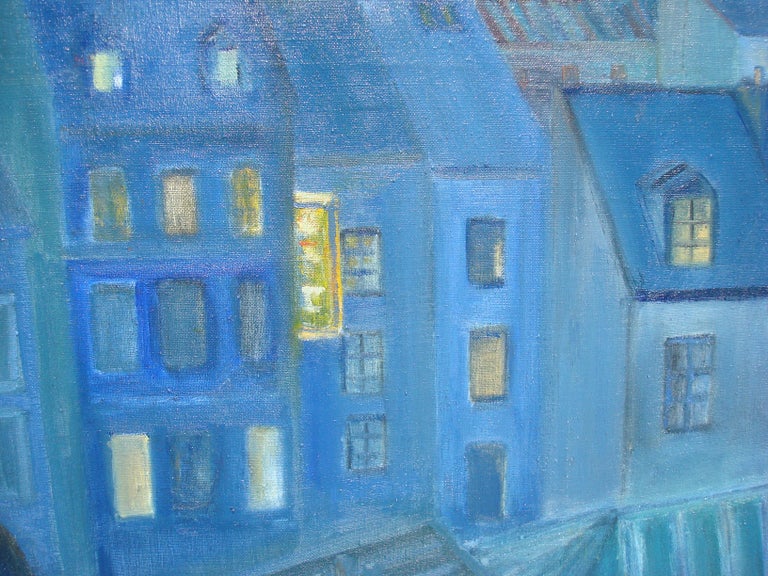 Hand-Painted Large Contemporary Blue Oil on Canvas Painting Rooftops of Paris France For Sale