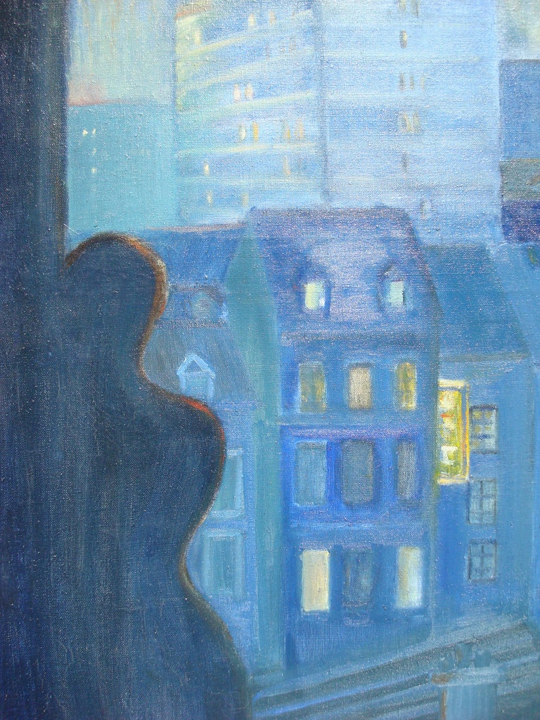 Large Contemporary Blue Oil on Canvas Painting Rooftops of Paris France In Good Condition For Sale In Miami, FL