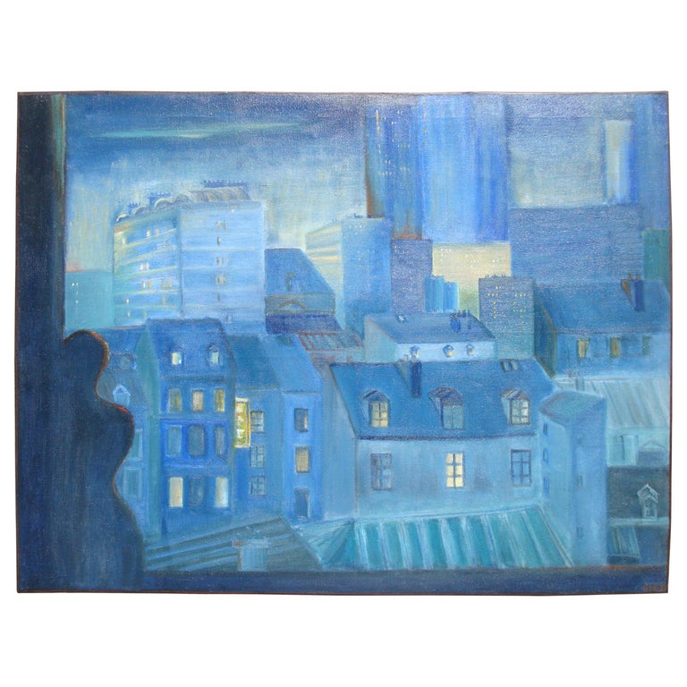 Large Contemporary Blue Oil on Canvas Painting Rooftops of Paris France For Sale
