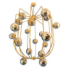 Large Contemporary Brass Cage Chandelier Murano Opaline Glass Ball, Italy