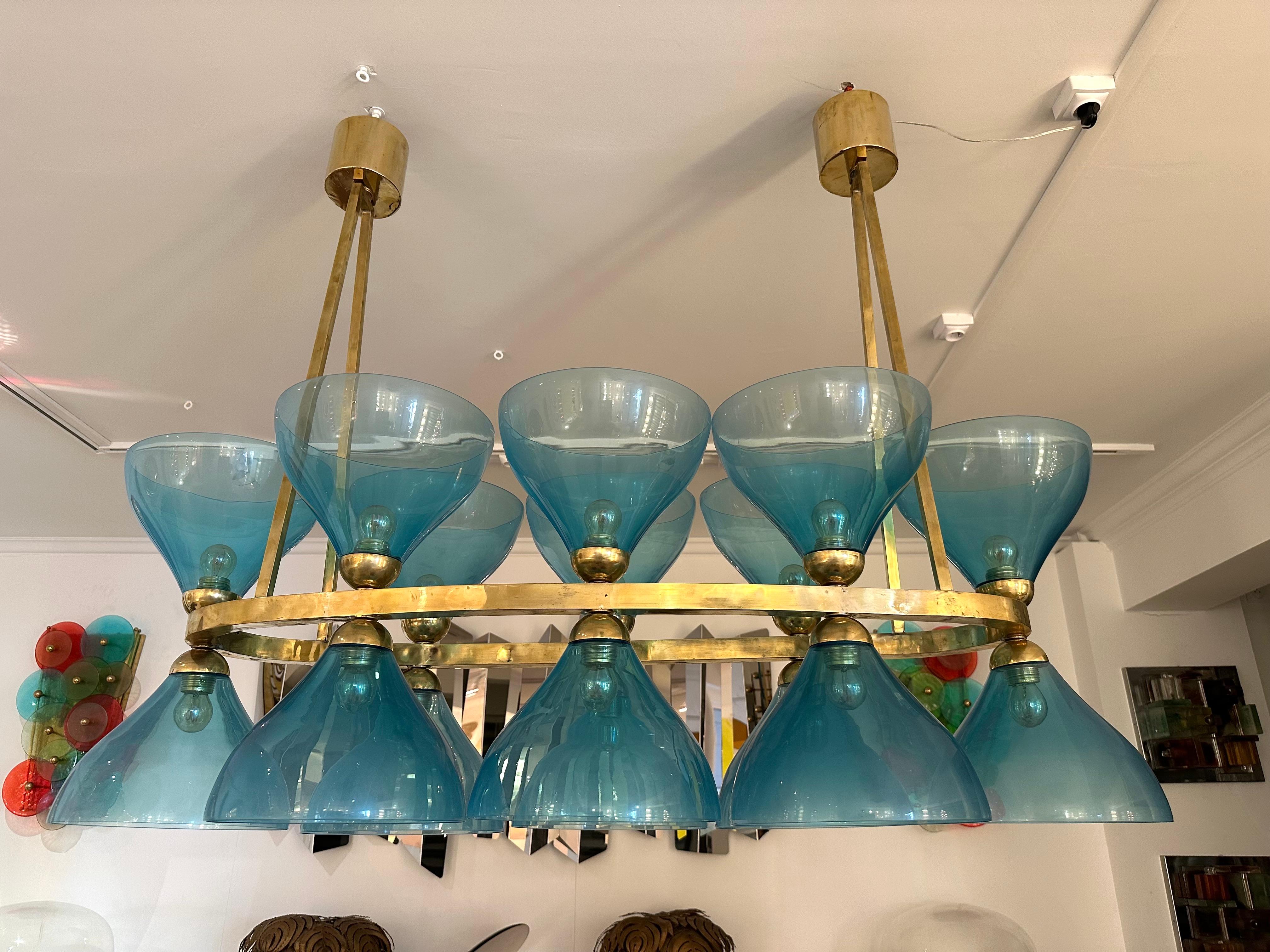 Large Contemporary Brass Chandelier Blue Murano Glass Cup, Italy For Sale 6