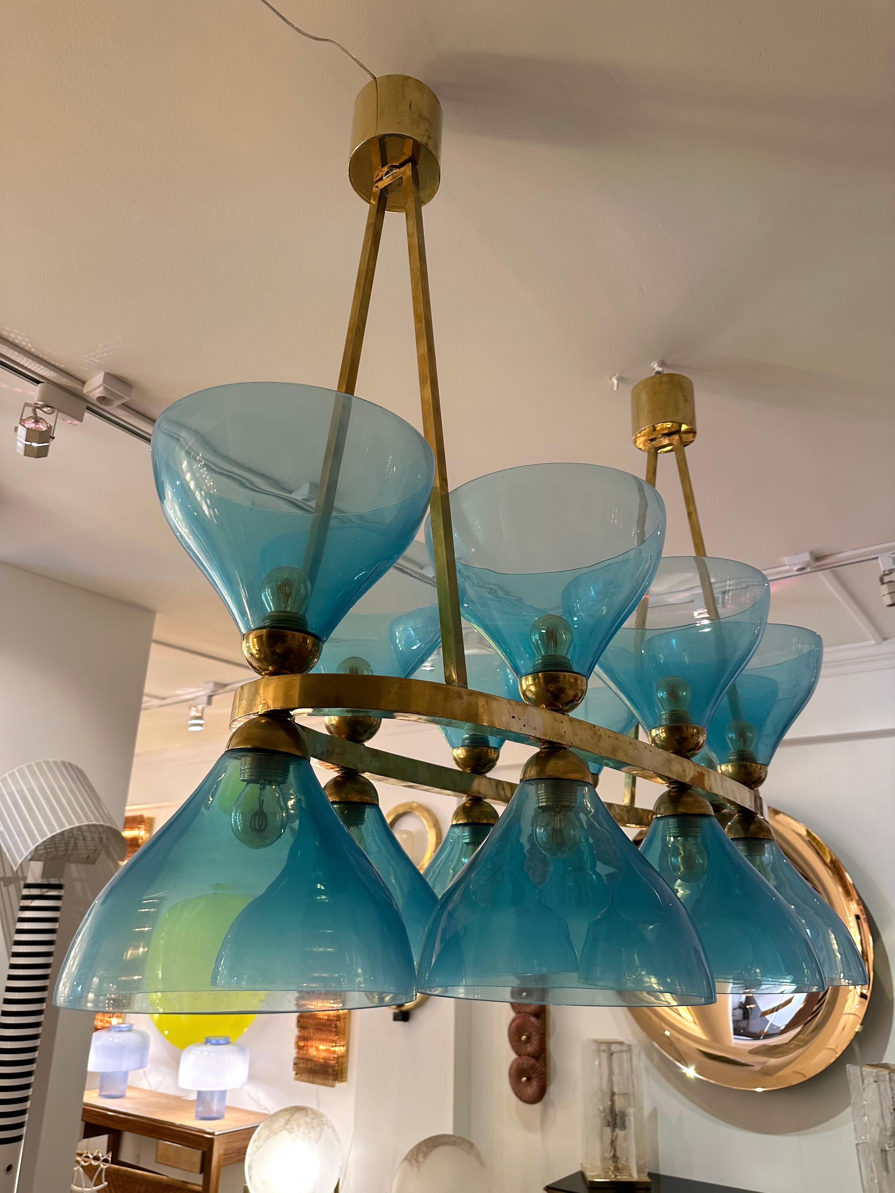 Large Contemporary Brass Chandelier Blue Murano Glass Cup, Italy For Sale 7