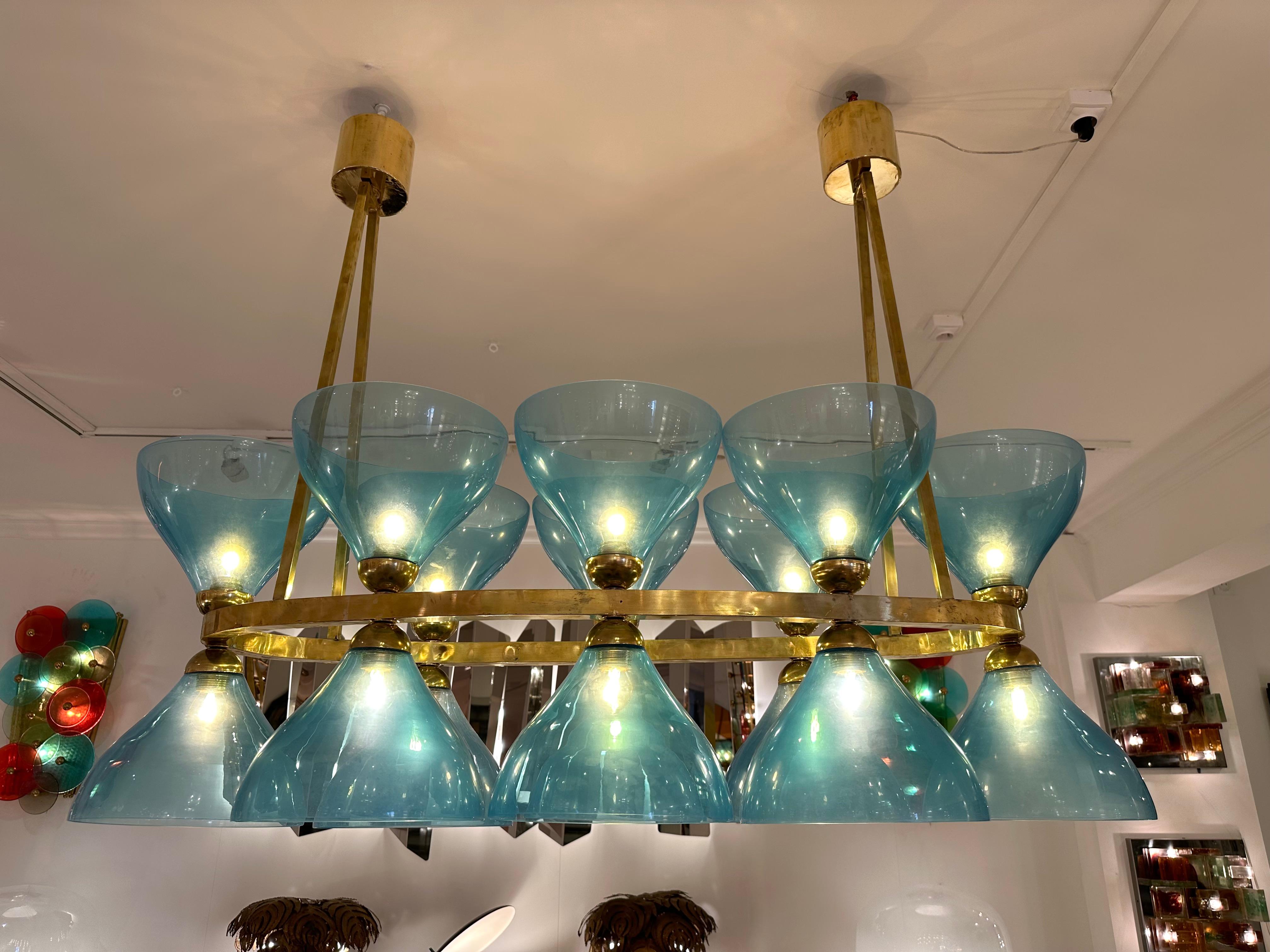 Mid-Century Modern Large Contemporary Brass Chandelier Blue Murano Glass Cup, Italy For Sale