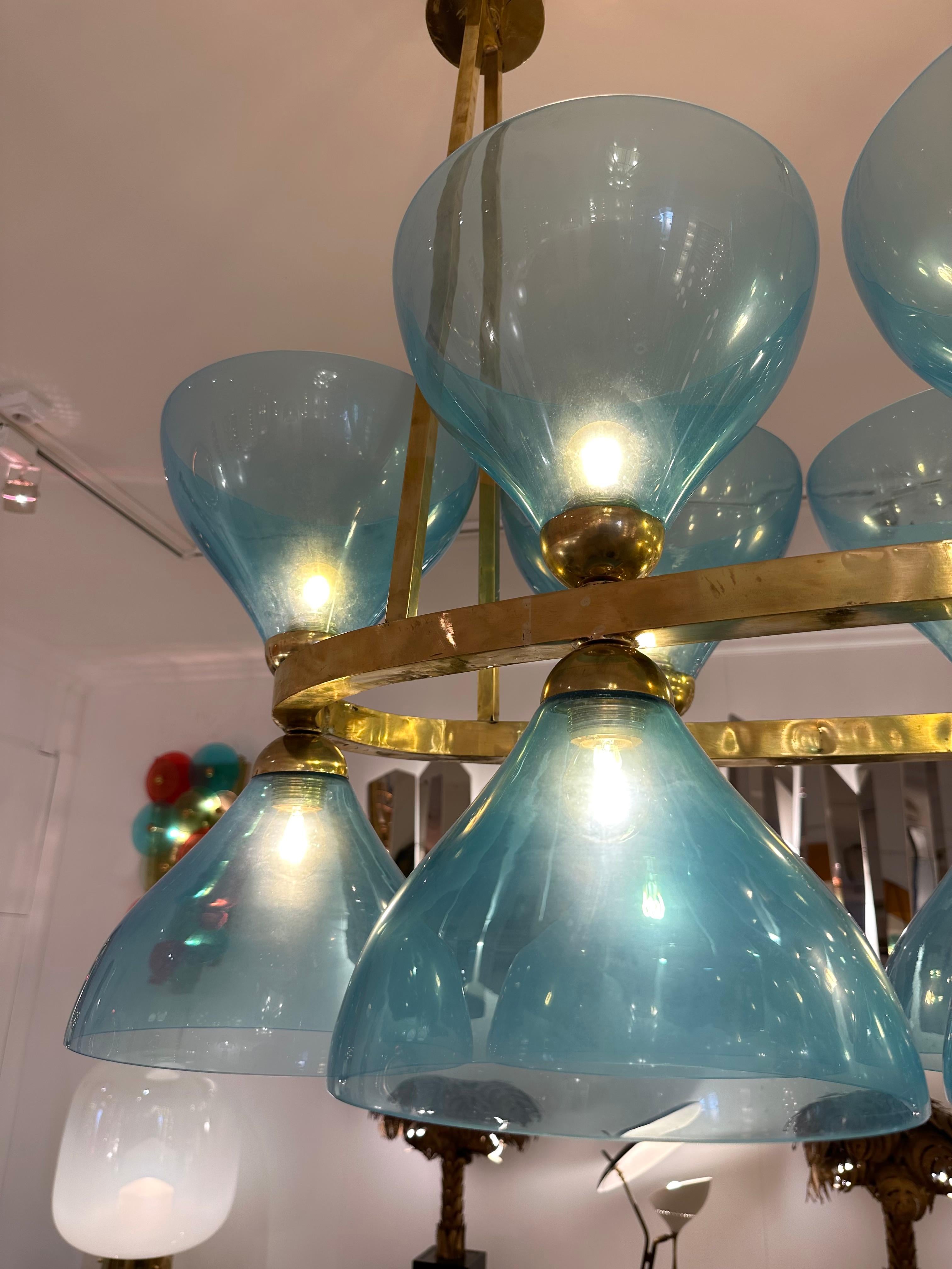 Italian Large Contemporary Brass Chandelier Blue Murano Glass Cup, Italy For Sale