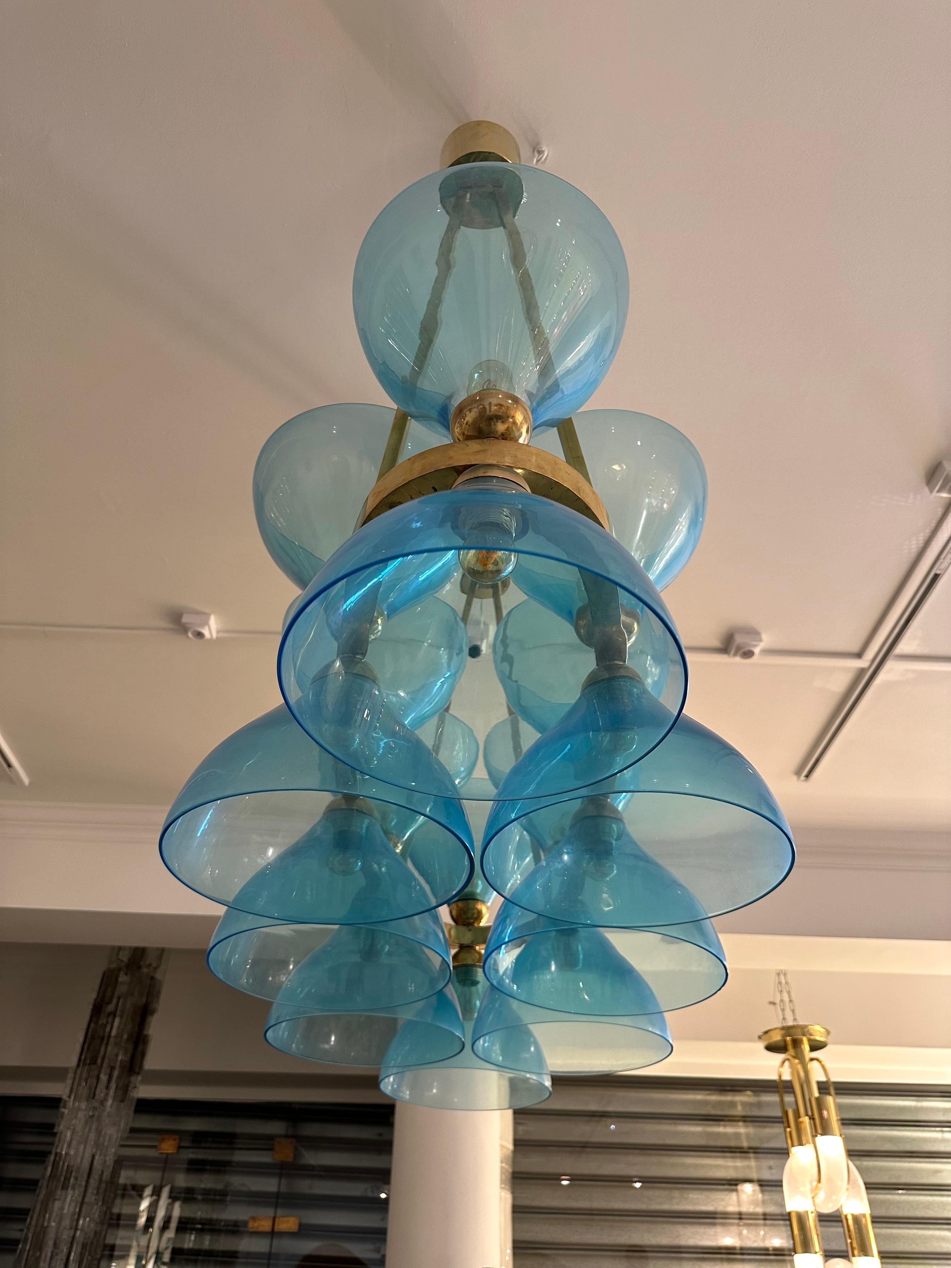 Large Contemporary Brass Chandelier Blue Murano Glass Cup, Italy For Sale 2