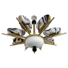 Large Contemporary Brass Chandelier Calcedonia Murano Glass Cup, Italy