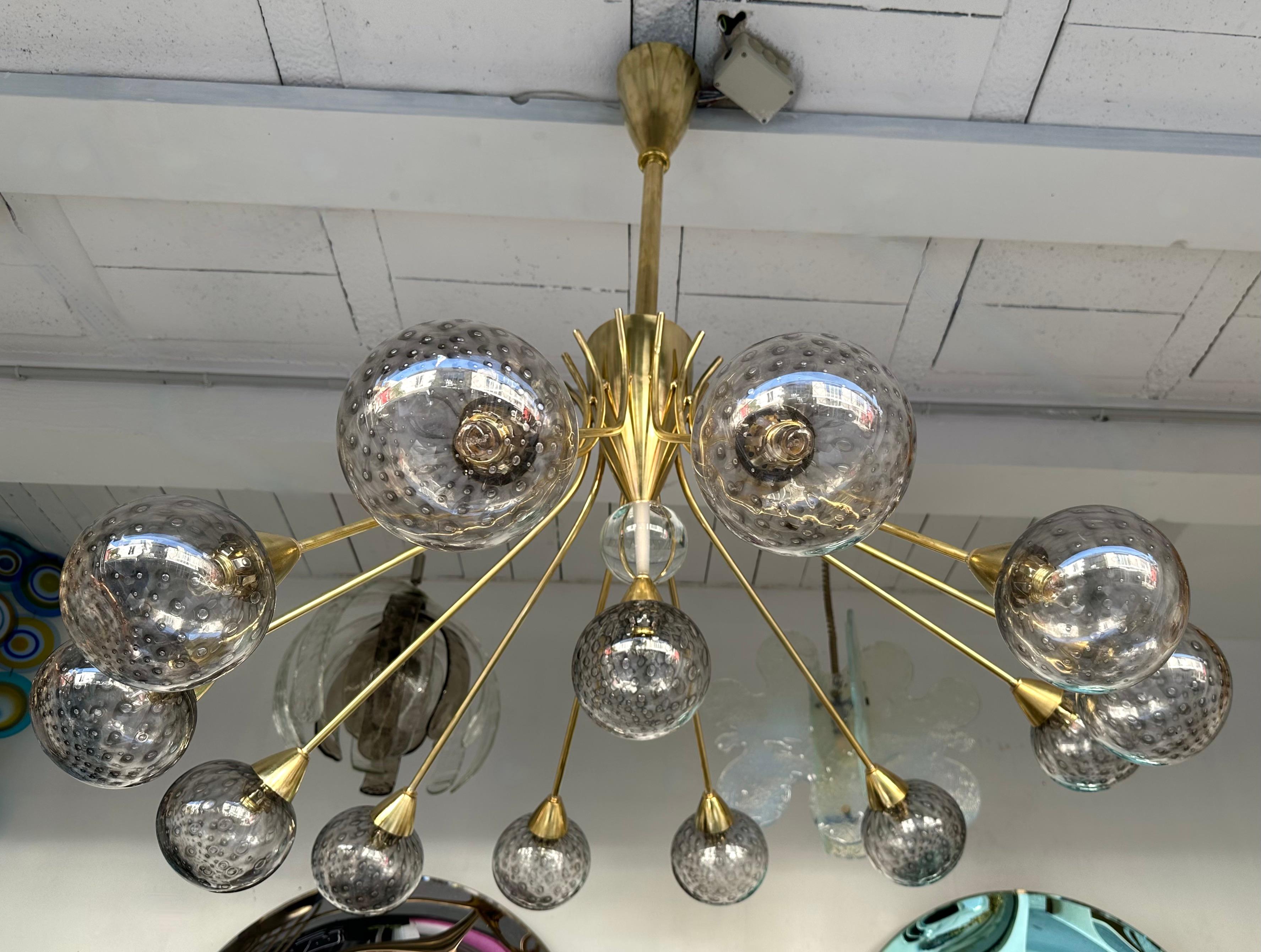 Large Contemporary Brass Chandelier Grey Bubble Murano Glass Ball, Italy 5