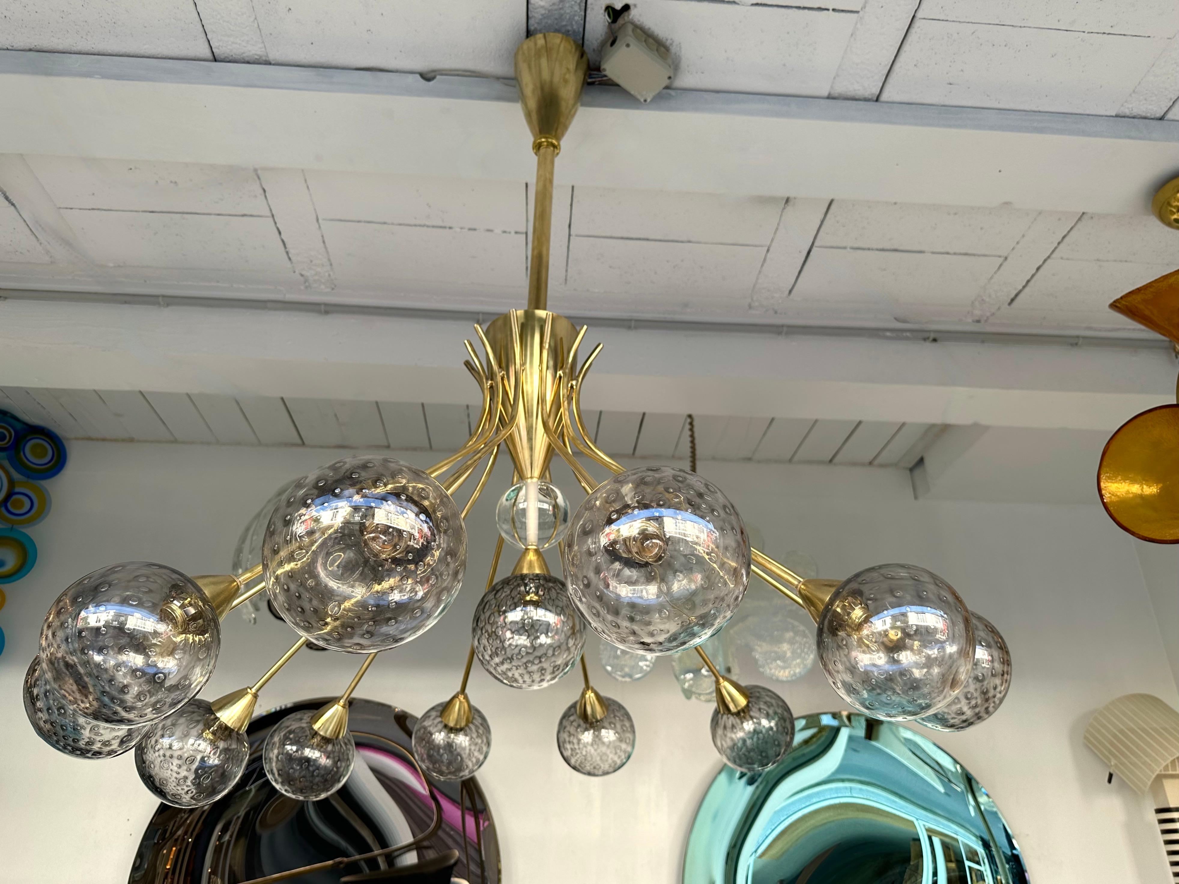 Large Contemporary Brass Chandelier Grey Bubble Murano Glass Ball, Italy 6