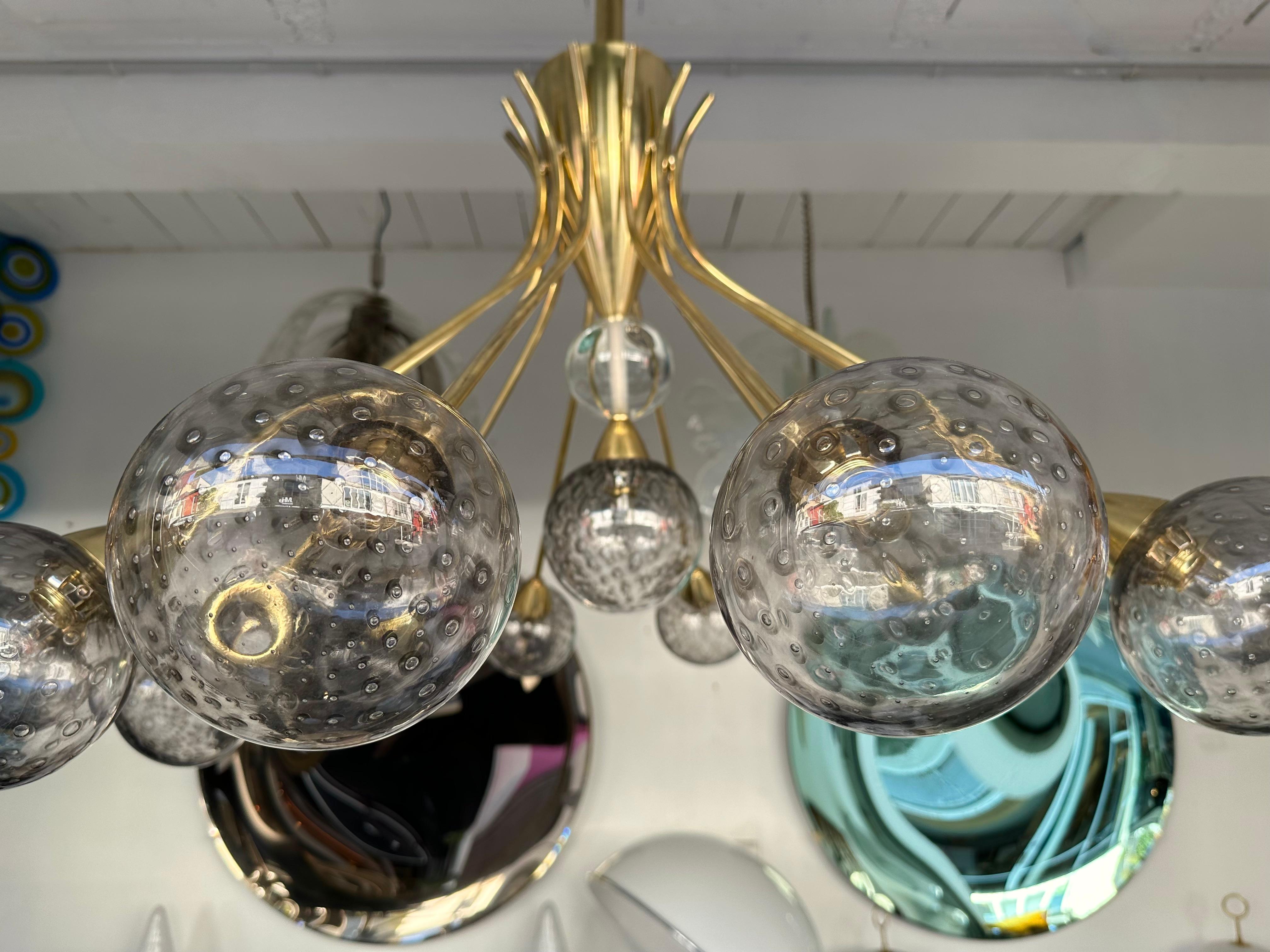 Large Contemporary Brass Chandelier Grey Bubble Murano Glass Ball, Italy 8
