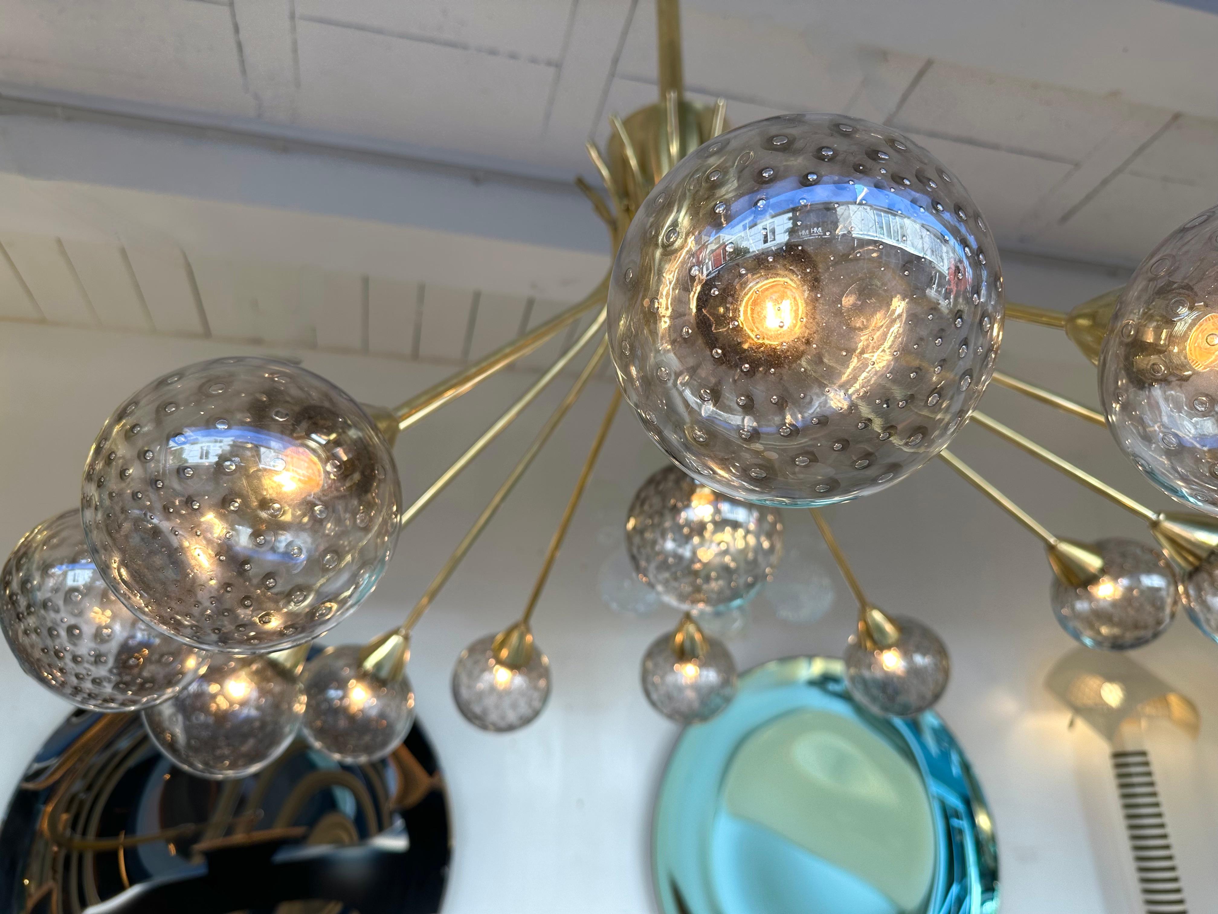 Mid-Century Modern Large Contemporary Brass Chandelier Grey Bubble Murano Glass Ball, Italy
