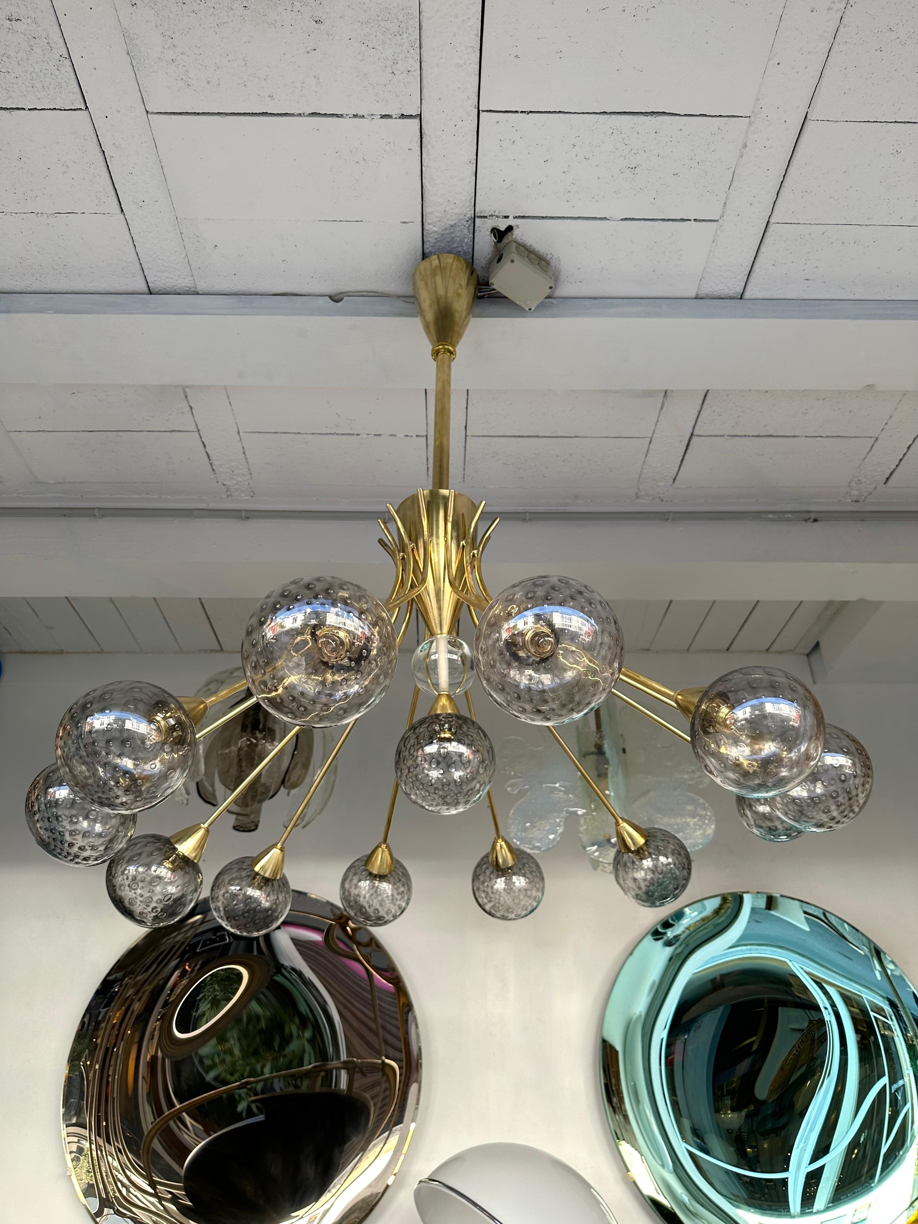Large Contemporary Brass Chandelier Grey Bubble Murano Glass Ball, Italy 1