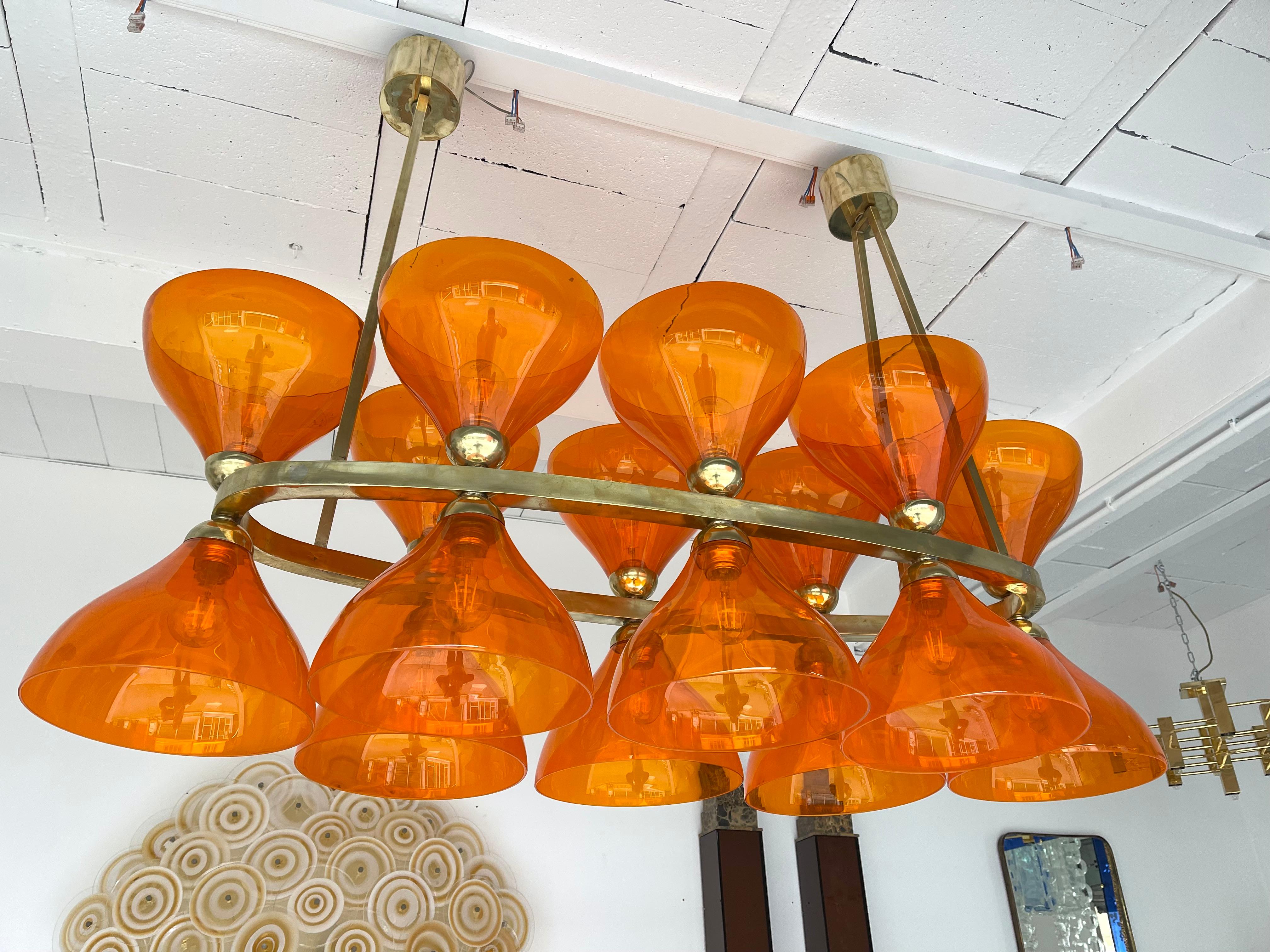 Mid-Century Modern Large Contemporary Brass Chandelier Orange Murano Glass Cup, Italy For Sale