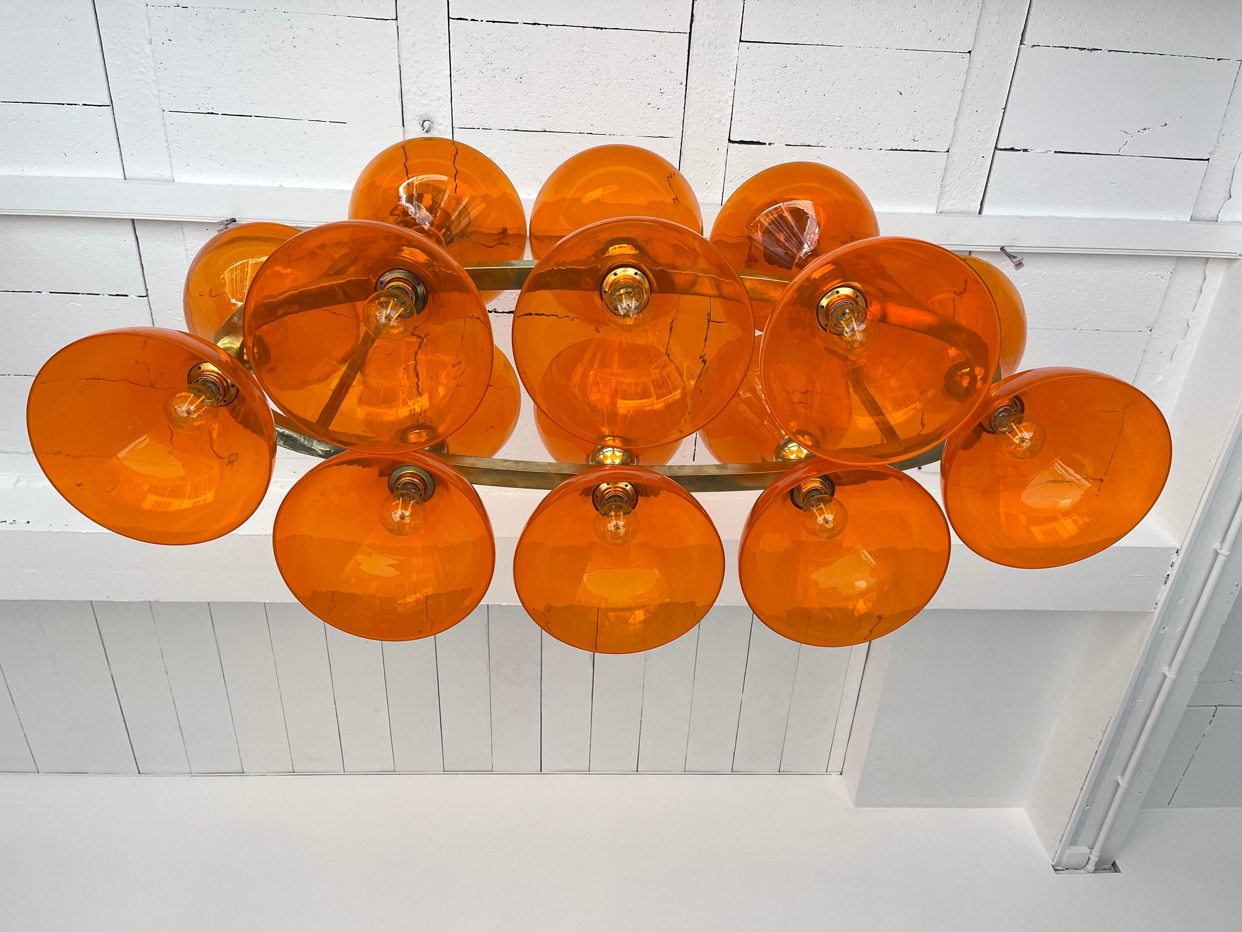 Italian Large Contemporary Brass Chandelier Orange Murano Glass Cup, Italy For Sale