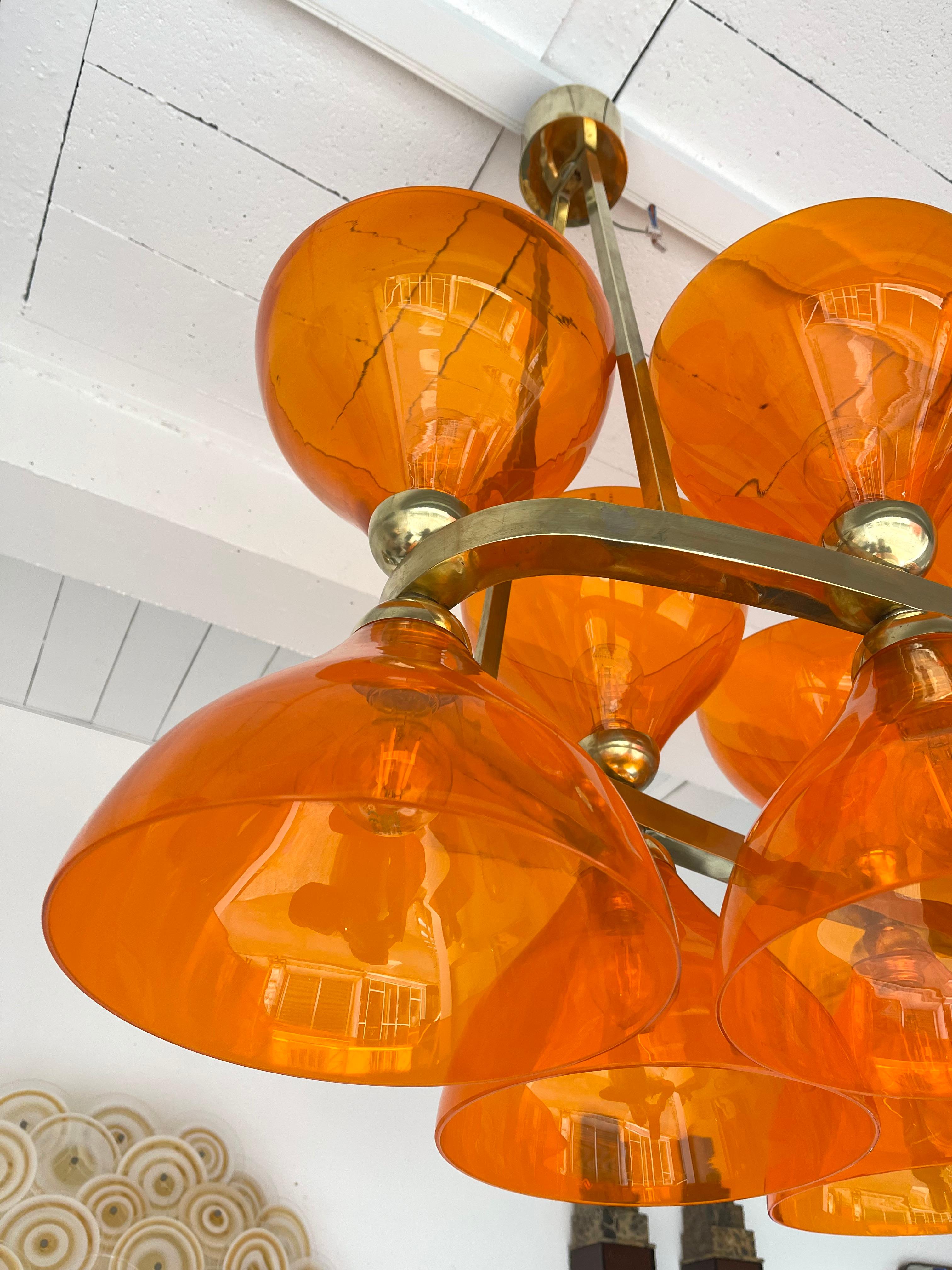Large Contemporary Brass Chandelier Orange Murano Glass Cup, Italy In New Condition For Sale In SAINT-OUEN, FR