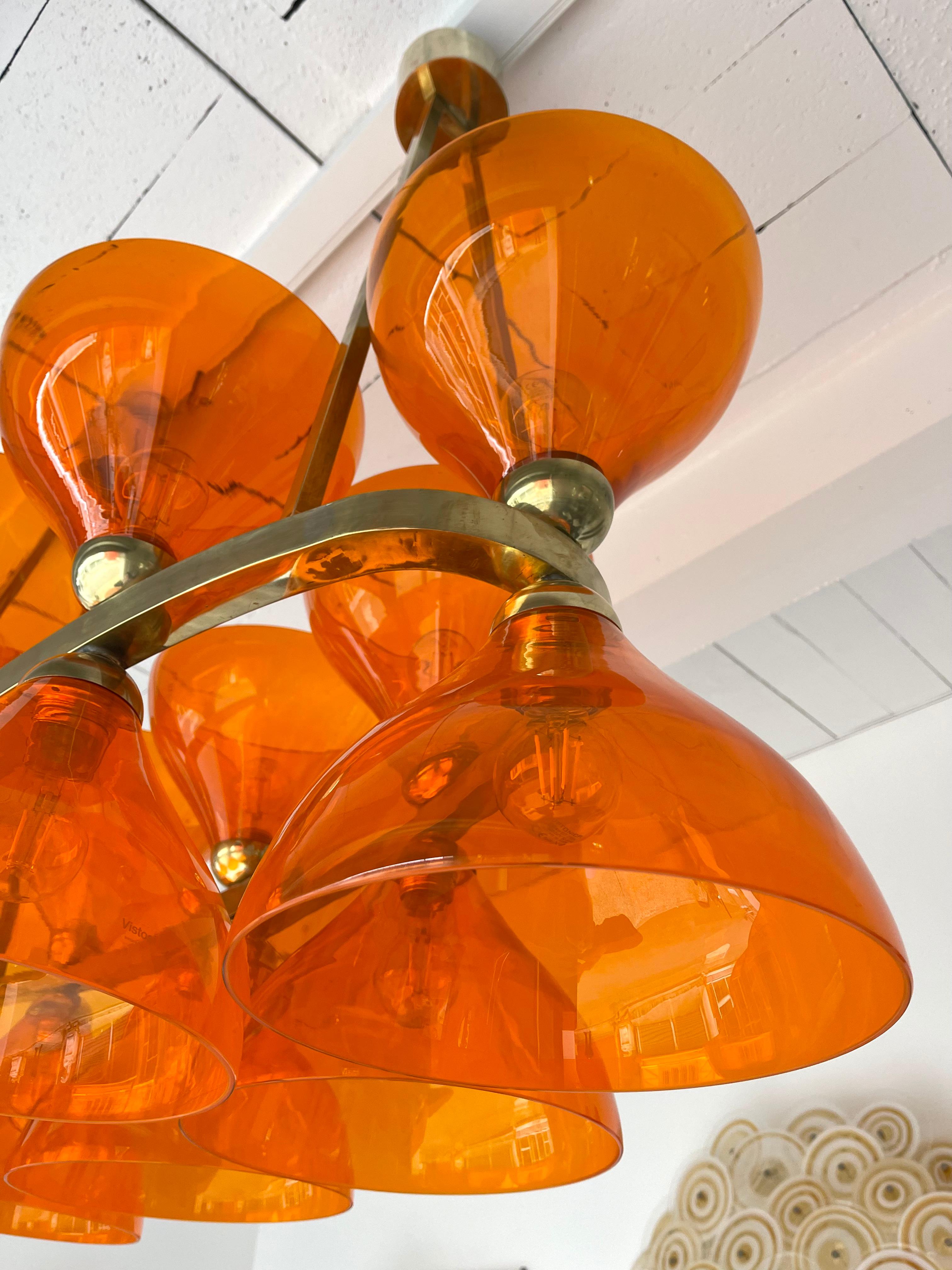 Large Contemporary Brass Chandelier Orange Murano Glass Cup, Italy For Sale 2