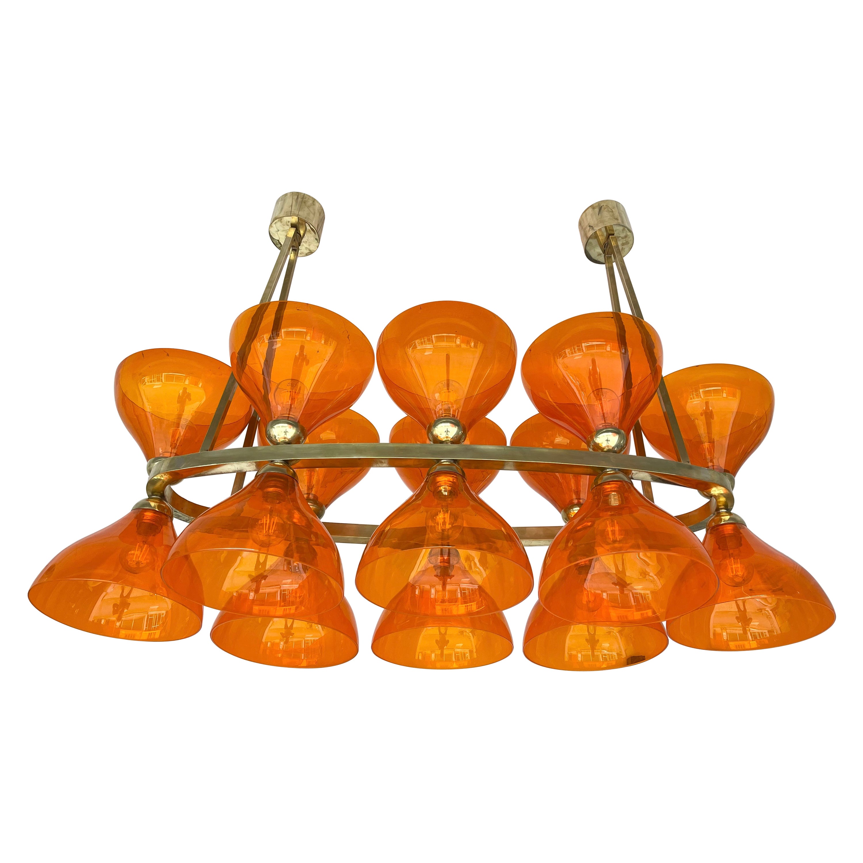 Gran Araña Contemporánea de Latón Copa de Cristal de Murano Naranja, Italia