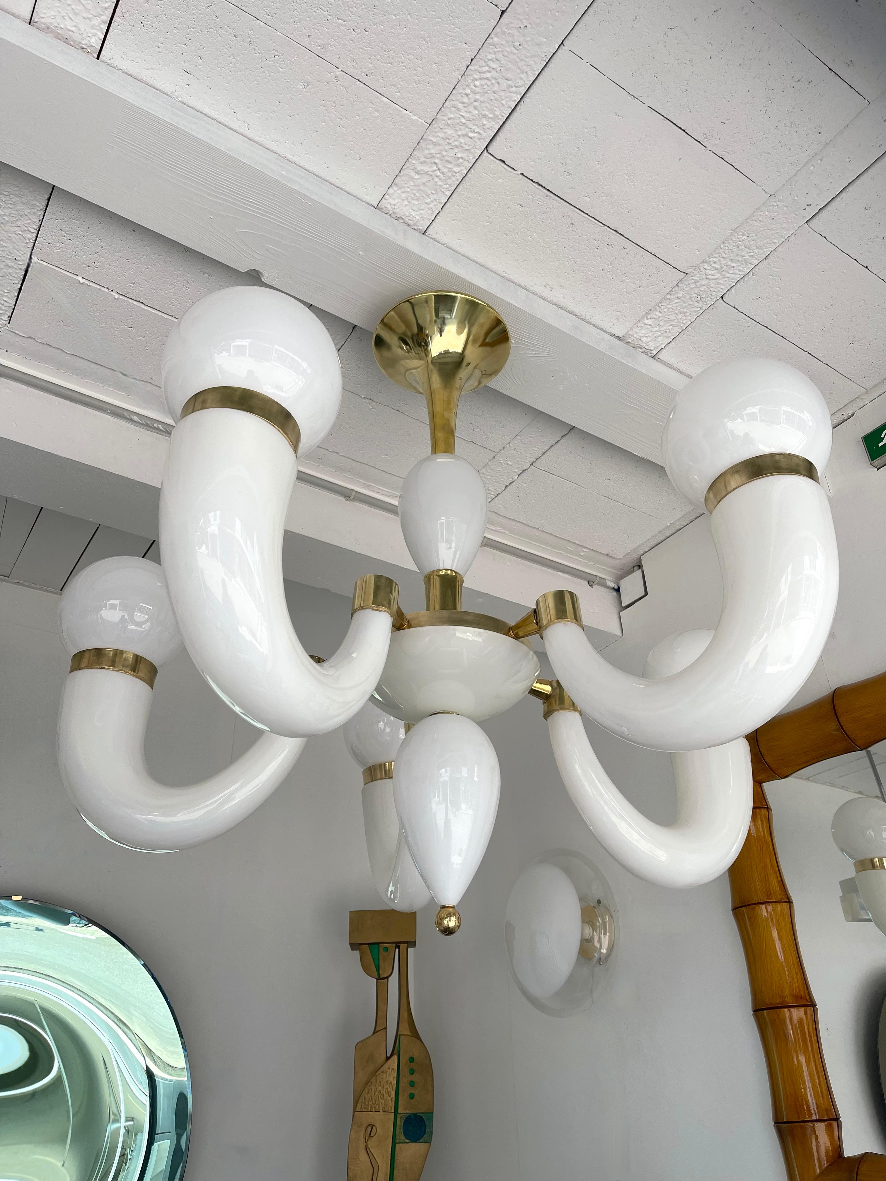 Large Contemporary Brass Chandelier White Horn Murano Glass, Italy 5