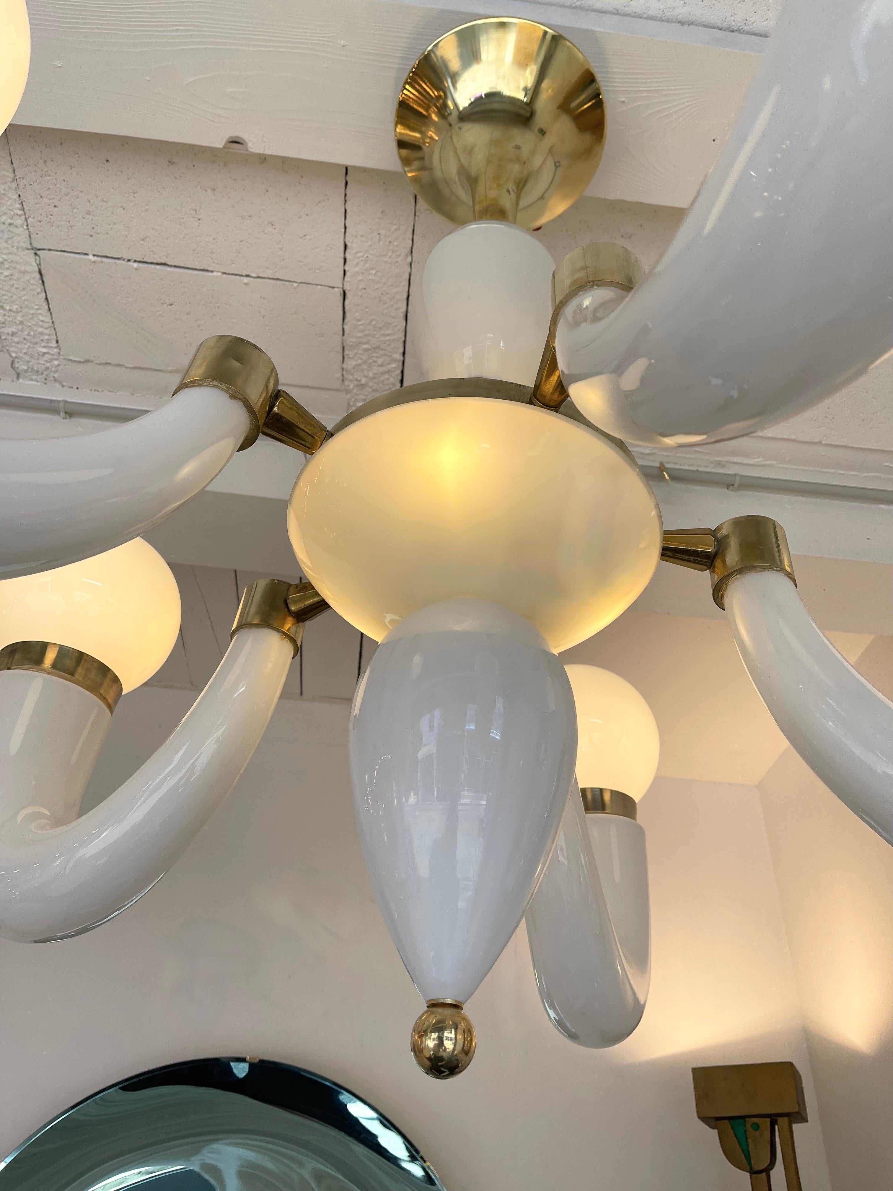 Mid-Century Modern Large Contemporary Brass Chandelier White Horn Murano Glass, Italy