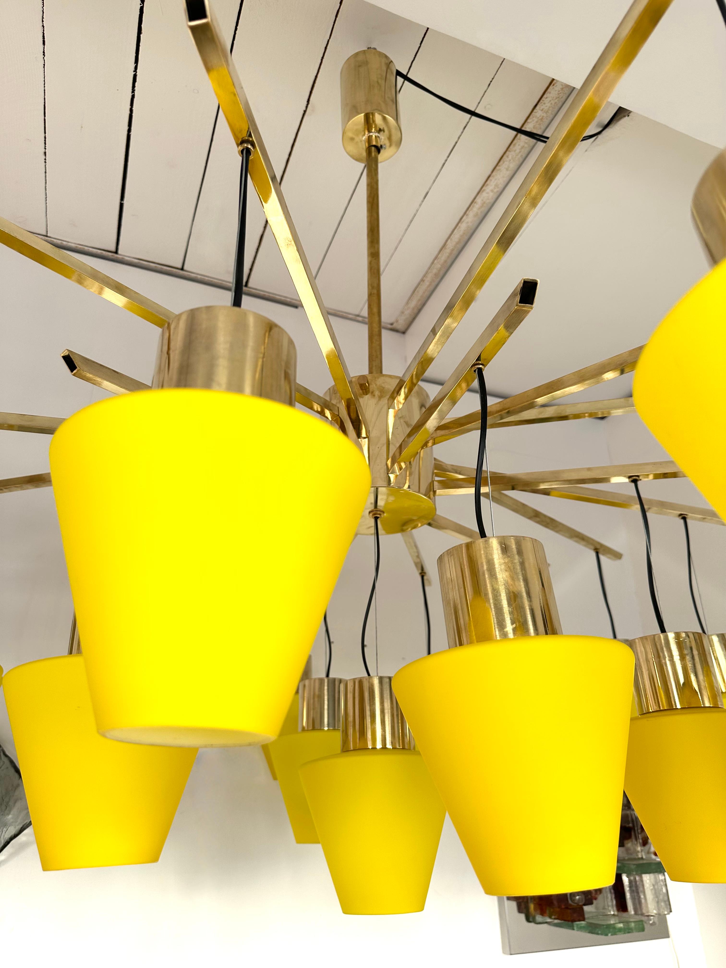 Large brass chandelier ceiling pendant light lamp with large Yellow Murano glass cup. Made with old stock of glass from the manufacture Vistosi. High quality glass. Contemporary work from a small italian artisanal workshop. In the mood of