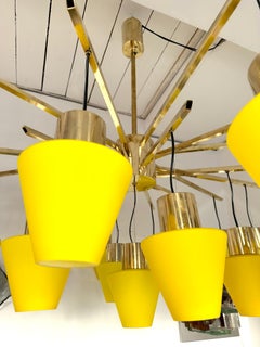 Large Contemporary Brass Chandelier Yellow Murano Glass Cup, Italy