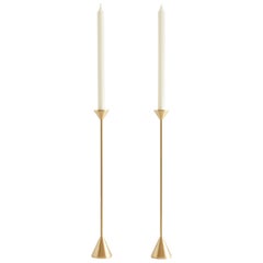 Large Contemporary Brass Cone Spindle Candle Holders by Fort Standard