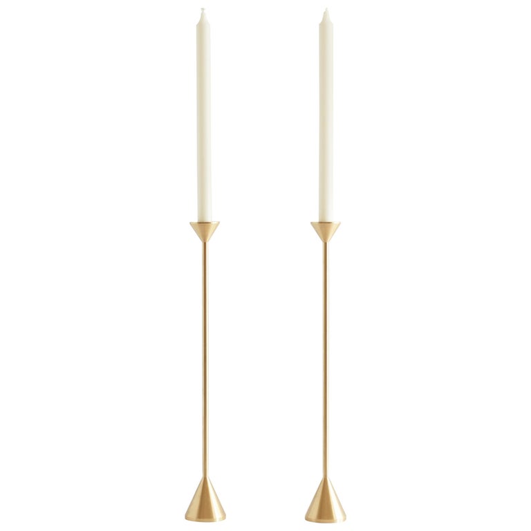 Large Contemporary Brass Cone Spindle Candle Holders by Fort Standard