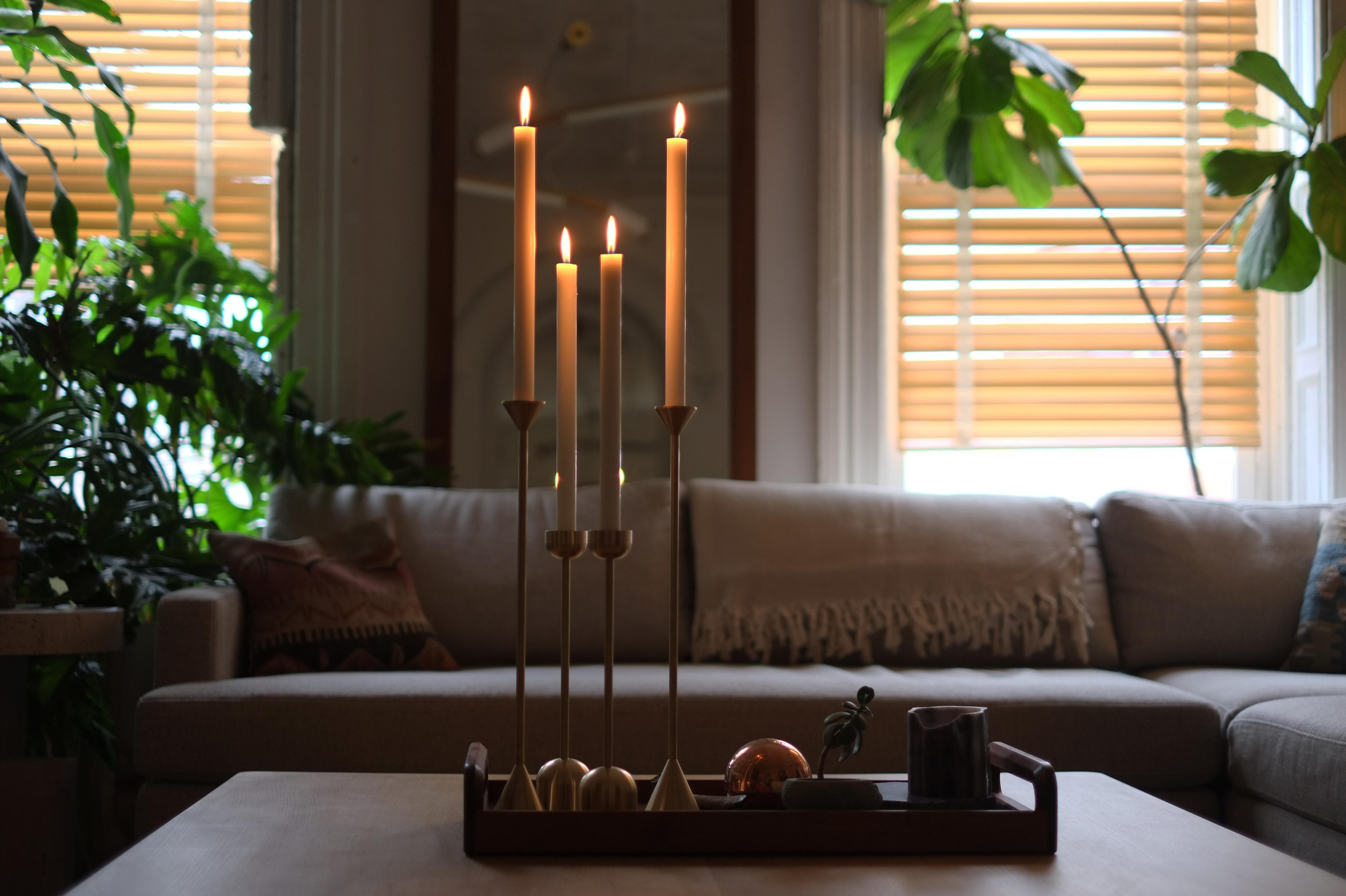Large Contemporary Brass Dome Spindle Candleholders by Fort Standard, in Stock In New Condition For Sale In Brooklyn, NY
