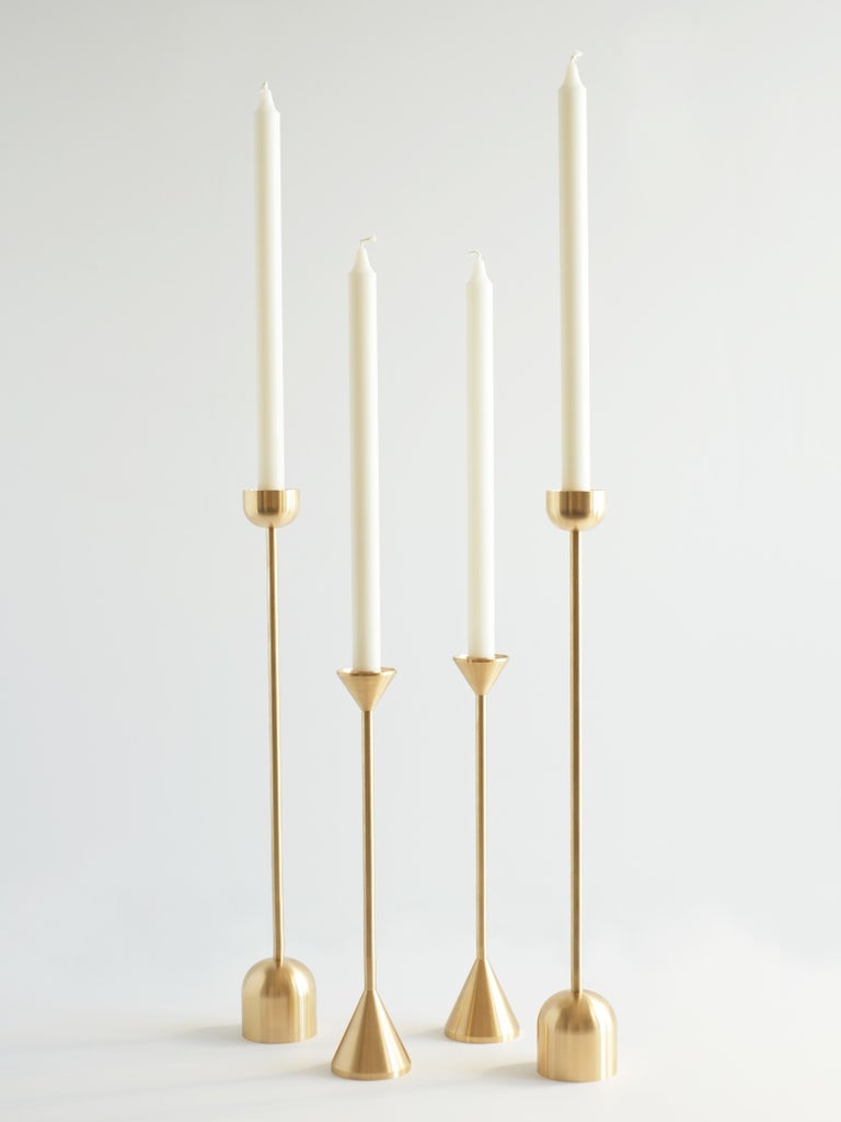 Large Contemporary Brass Dome Spindle Candleholders by Fort Standard, in Stock For Sale 1