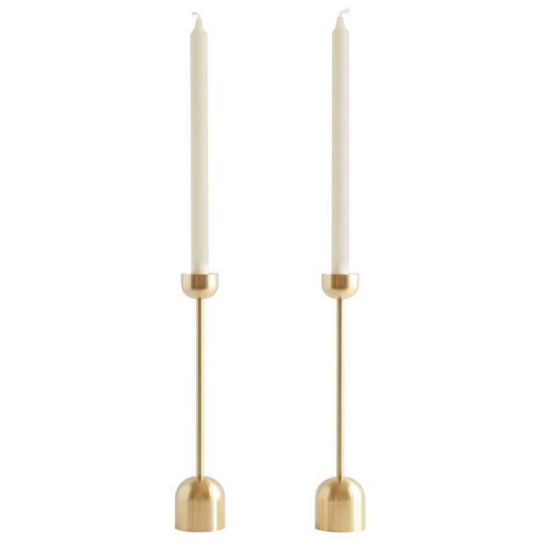 Large Contemporary Brass Dome Spindle Candleholders by Fort Standard, in Stock For Sale