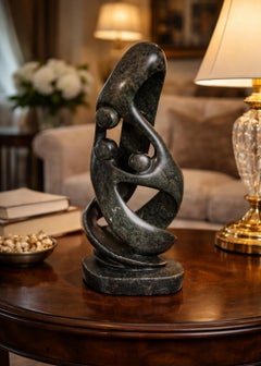 Large Contemporary Carved Stone Family Sculpture on Plinth, Modern Abstract Art