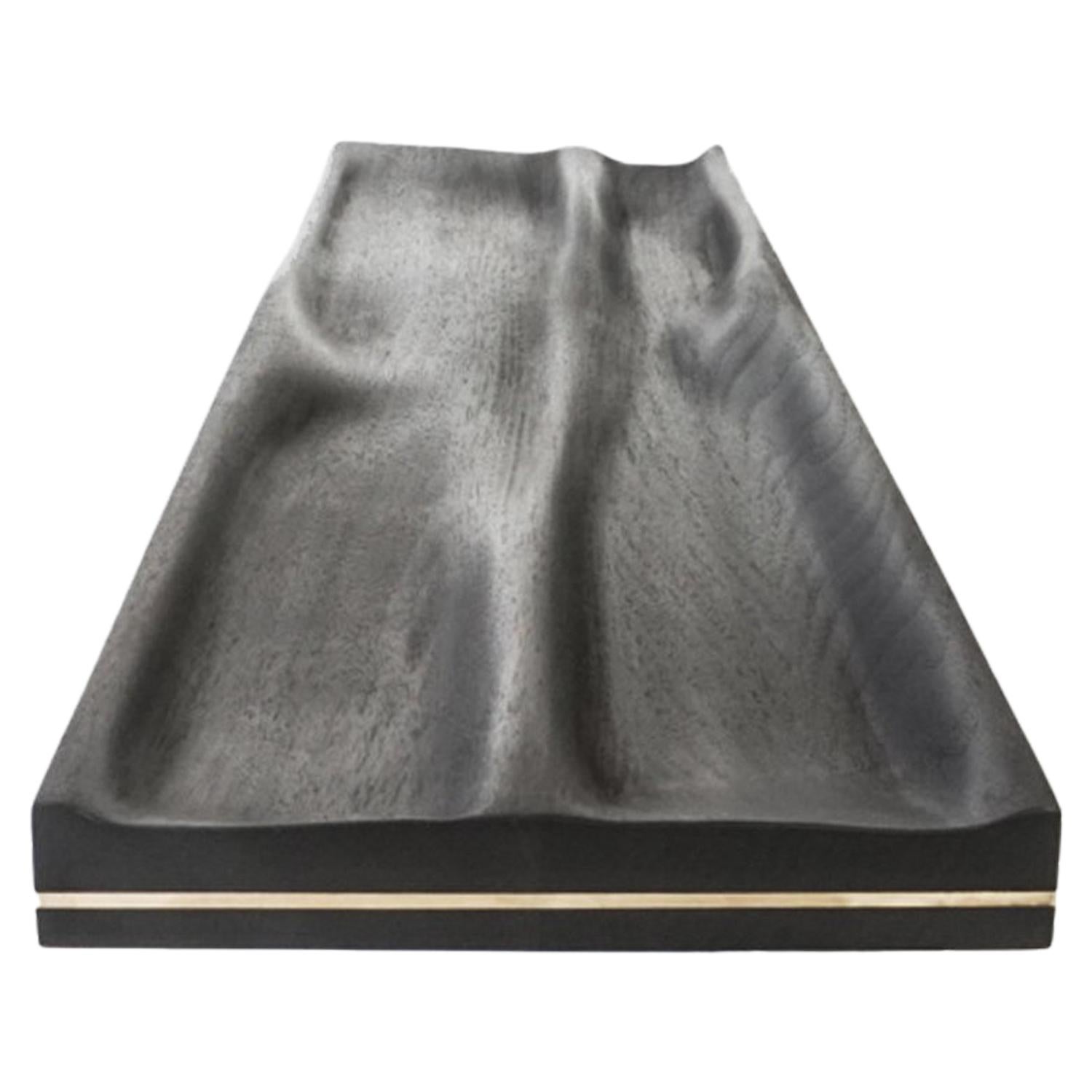 Large Contemporary Carved Walnut Ebonized Tray with Brass Accent