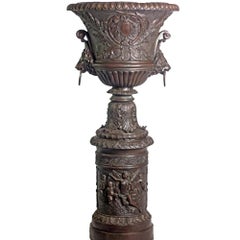 Large Contemporary Cast Bronze Krater Urn on Pedestal with Mythological Figures