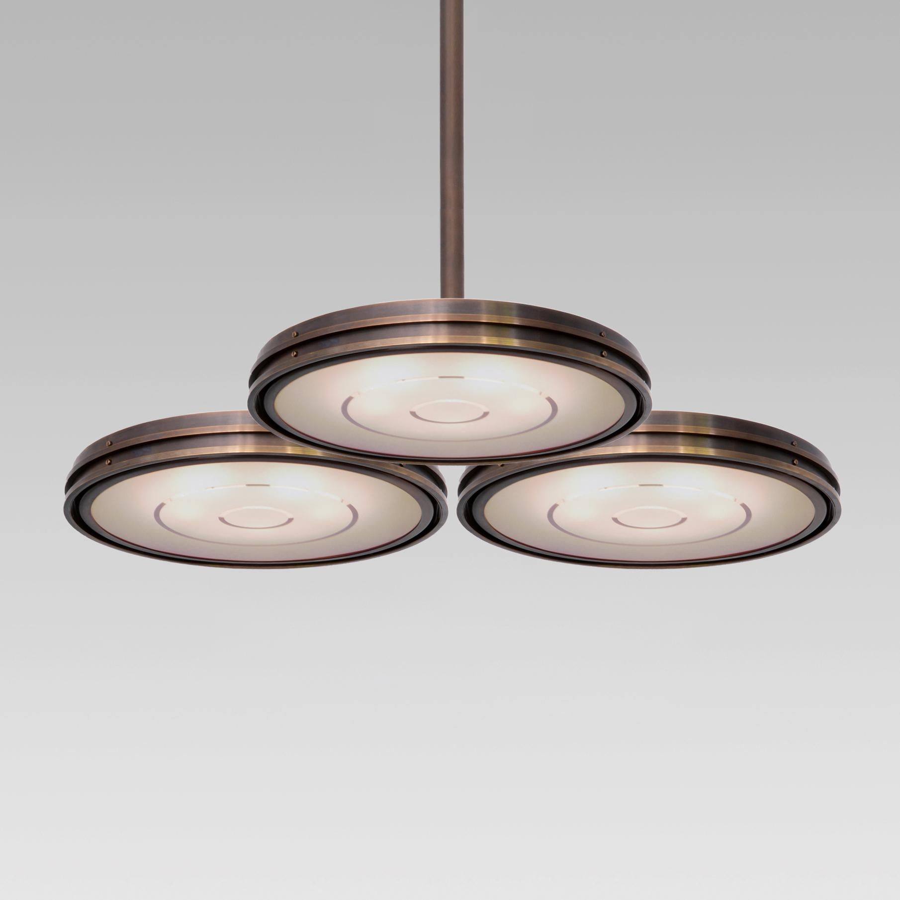 Large contemporary chandelier made of dark patinated brass and etched opal glass, customizable.
Production time c. 10 weeks