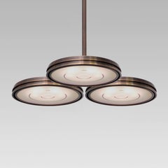 Large Contemporary Chandelier, Dark Patinated Brass, Etched Opal Glass, Bespoke