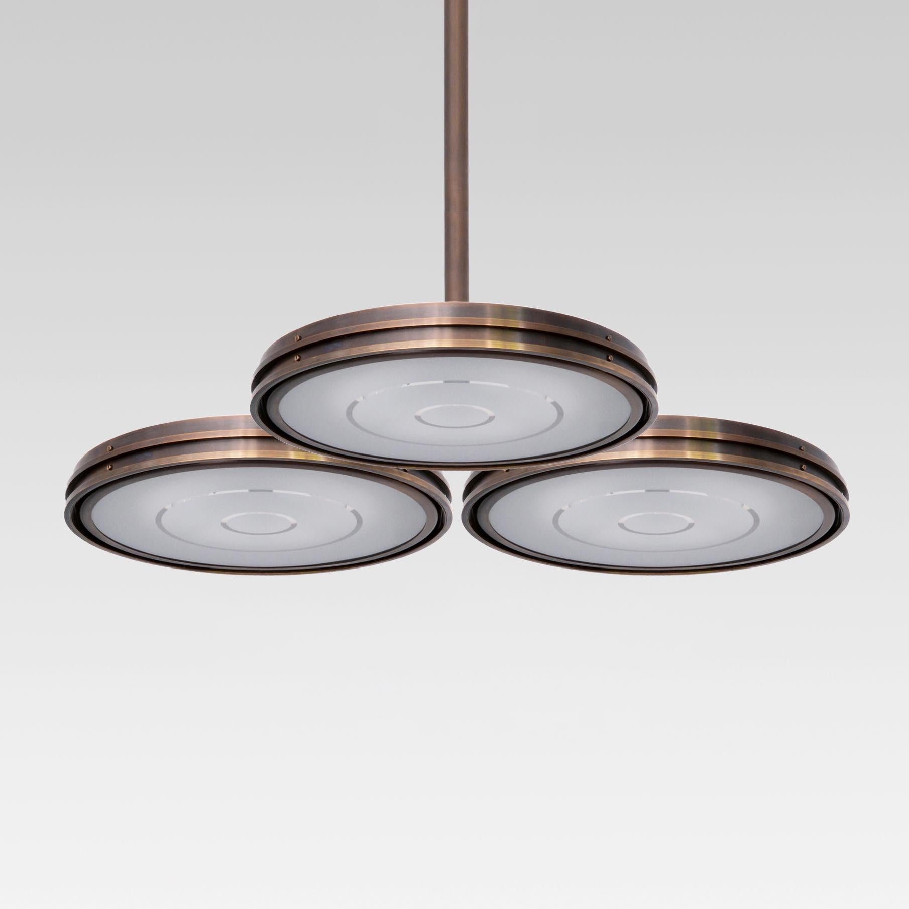 Modern Large Contemporary Chandelier, Dark Patinated Brass, Etched Opal Glass, Bespoke For Sale