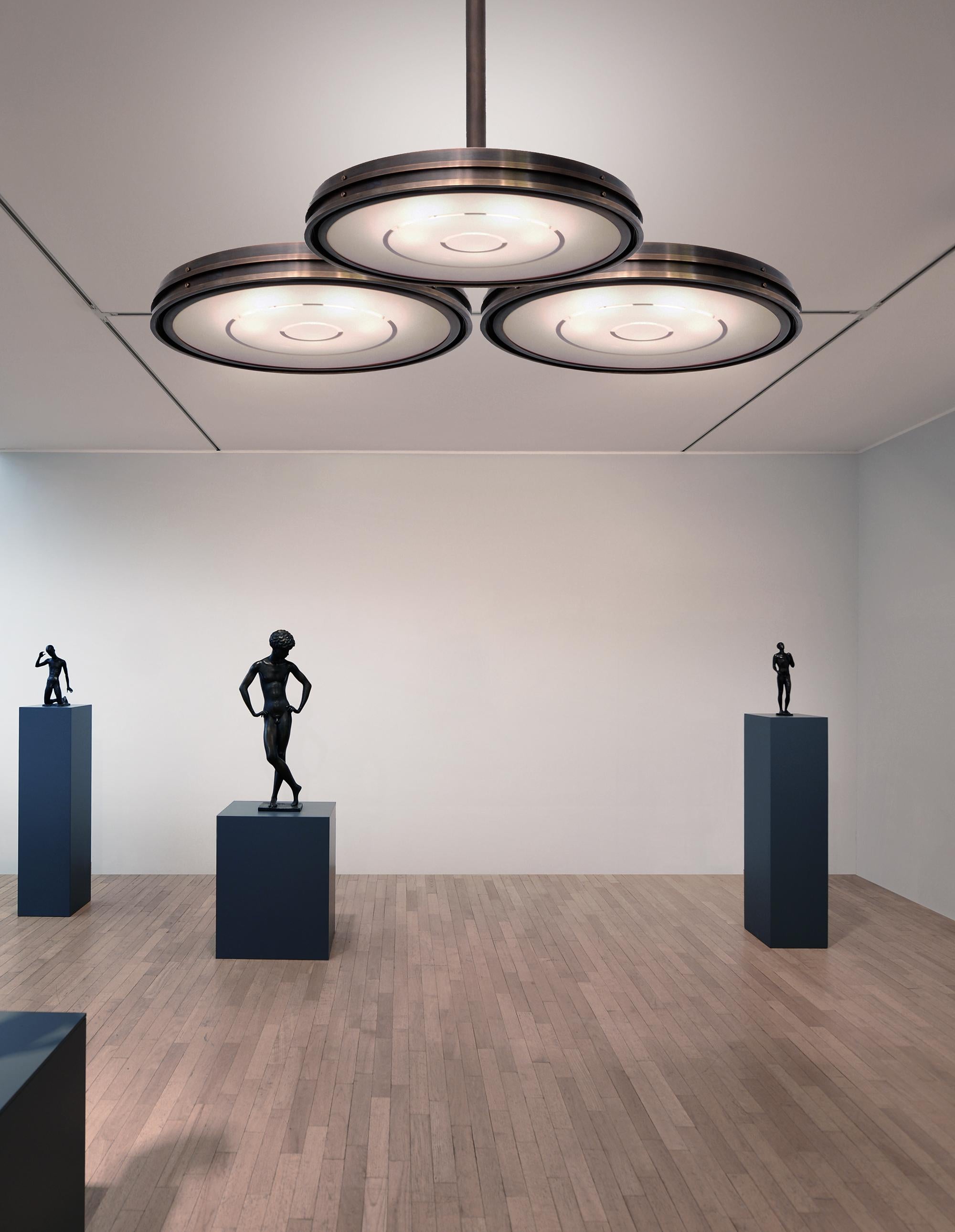 German Large Contemporary Chandelier, Dark Patinated Brass, Etched Opal Glass, Bespoke For Sale