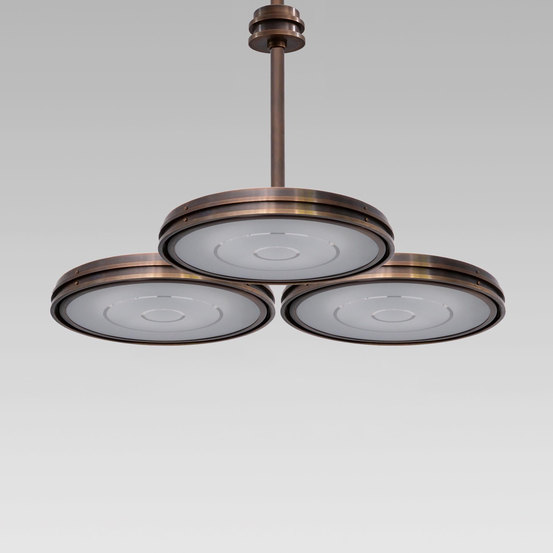 Large Contemporary Chandelier, Dark Patinated Brass, Etched Opal Glass, Bespoke In New Condition For Sale In Berlin, DE