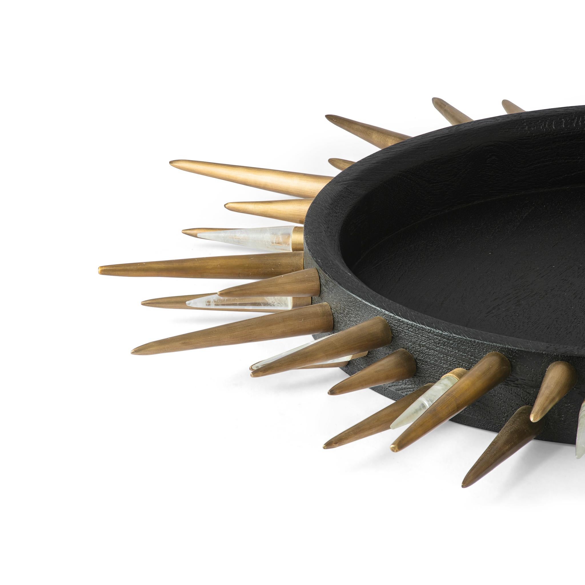 Other Piton Tray, Large Charred Oak Tray with Brass and Quartz Spikes For Sale