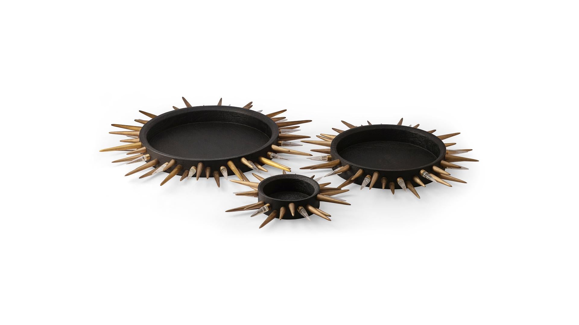 American Piton Tray, Large Charred Oak Tray with Brass and Quartz Spikes For Sale