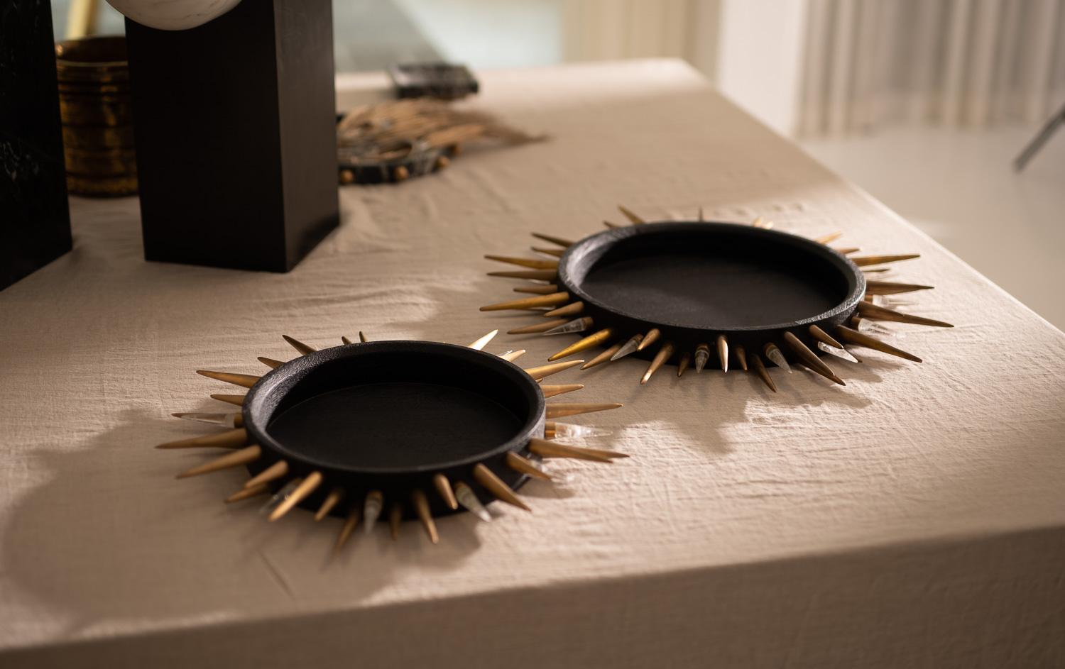 Piton Tray, Large Charred Oak Tray with Brass and Quartz Spikes In New Condition For Sale In Chicago, IL