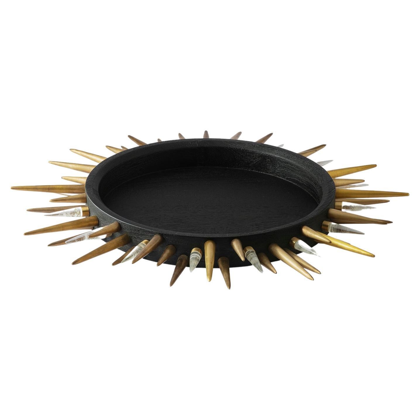 Piton Tray, Large Charred Oak Tray with Brass and Quartz Spikes For Sale