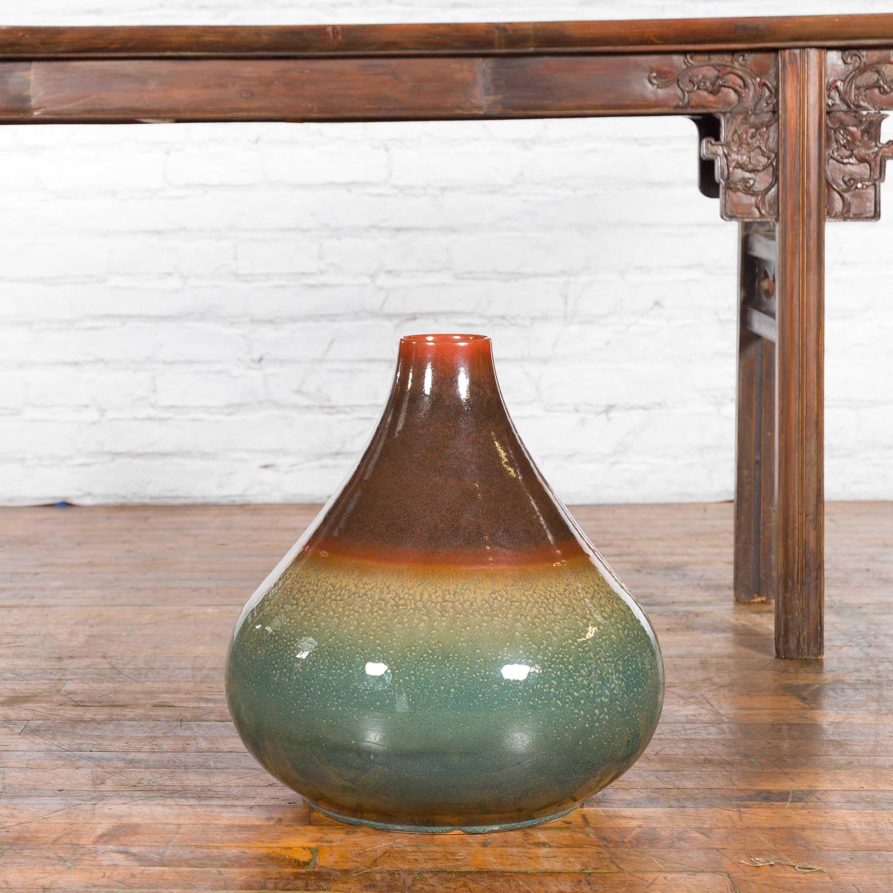 Thai Large Contemporary Chiang Mai Prem Collection Jar with Green and Brown Glaze For Sale
