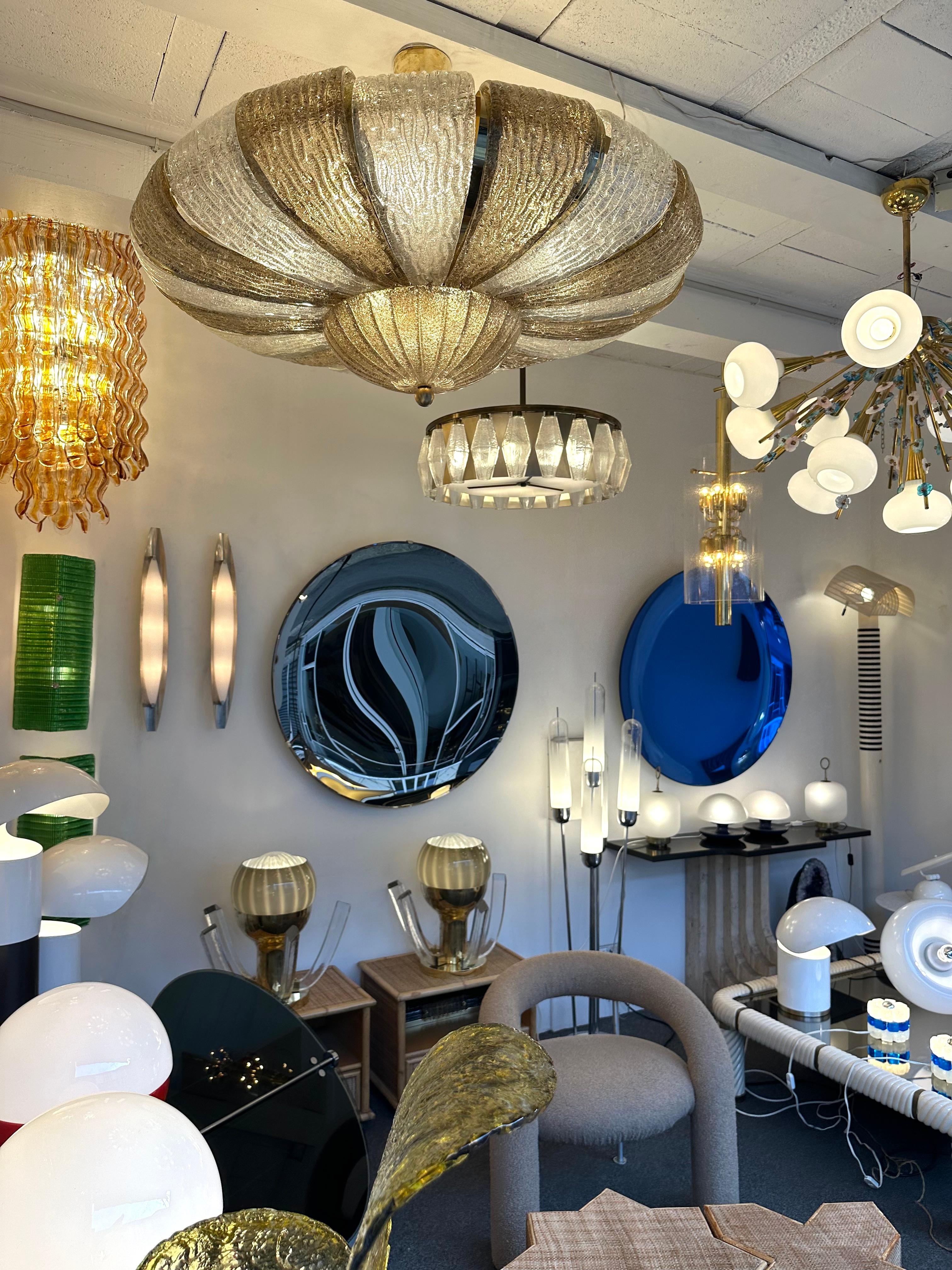 Large Crown Chandelier ceiling pendant light lightning lamp or flush mount in brass and Murano glass blade. Contemporary work from a small italian artisanal workshop. Minor imperfections due to handmade artisanal work. In the mood of Mid-Century