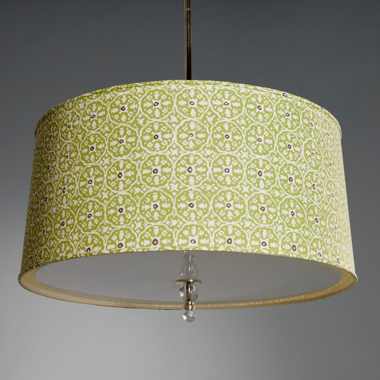 Modern Large Contemporary Designer Drum Shade 3-Light Chandelier In Floral Fabric For Sale