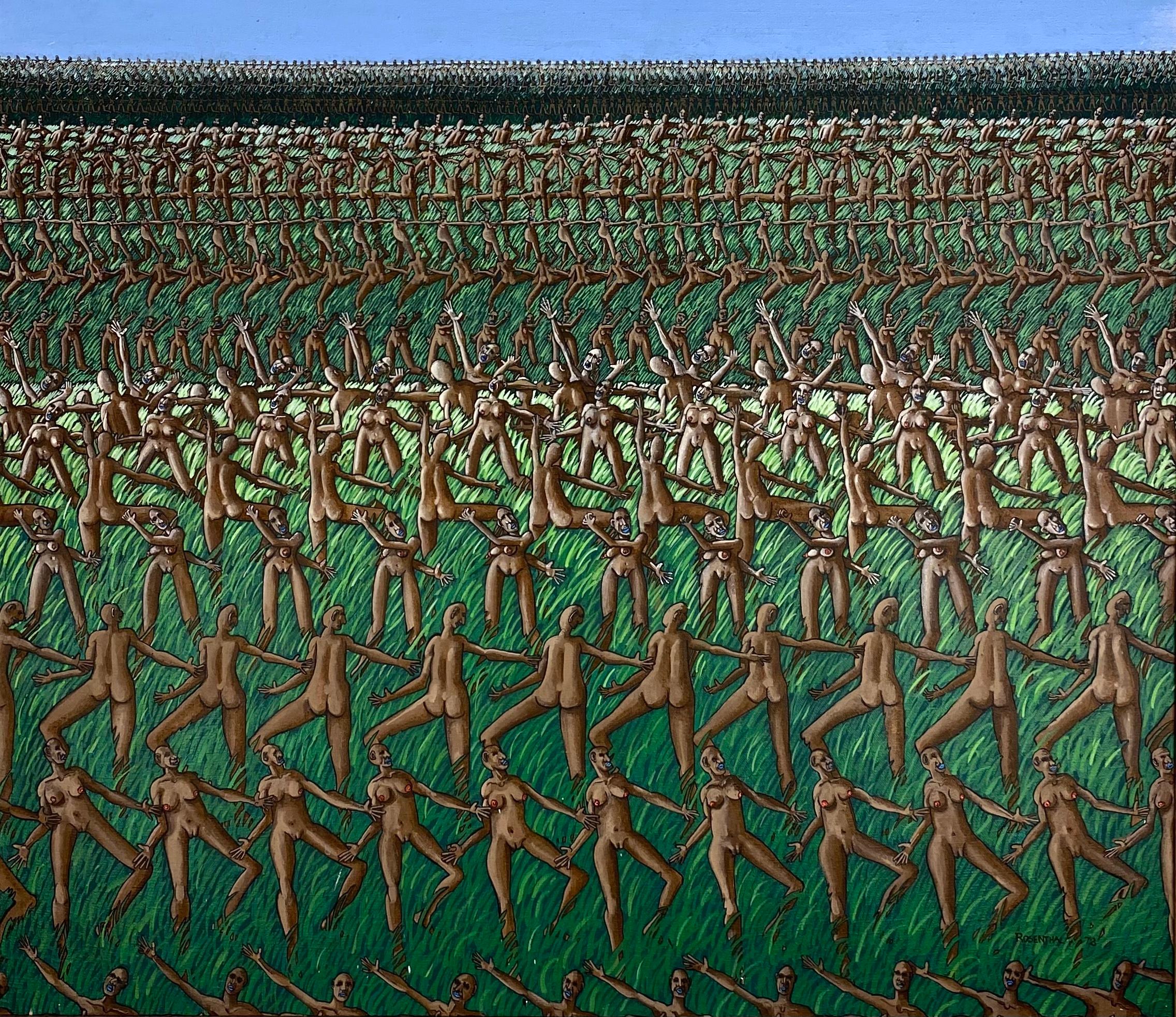 Une œuvre d'art intrigante attribuée à l'artiste américain de New York : Mark Rosenthal. Signé. 
Art érotique du nu. 

Le haut du tableau est très bien exécuté, il est inspiré par René Magritte. Nuages, pipes, chapeaux melon et pommes vertes sont