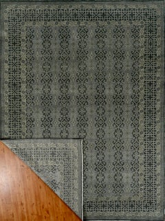 Large Contemporary Geometric Hand-Knotted Wool Rug in Charcoal and Silver Grey