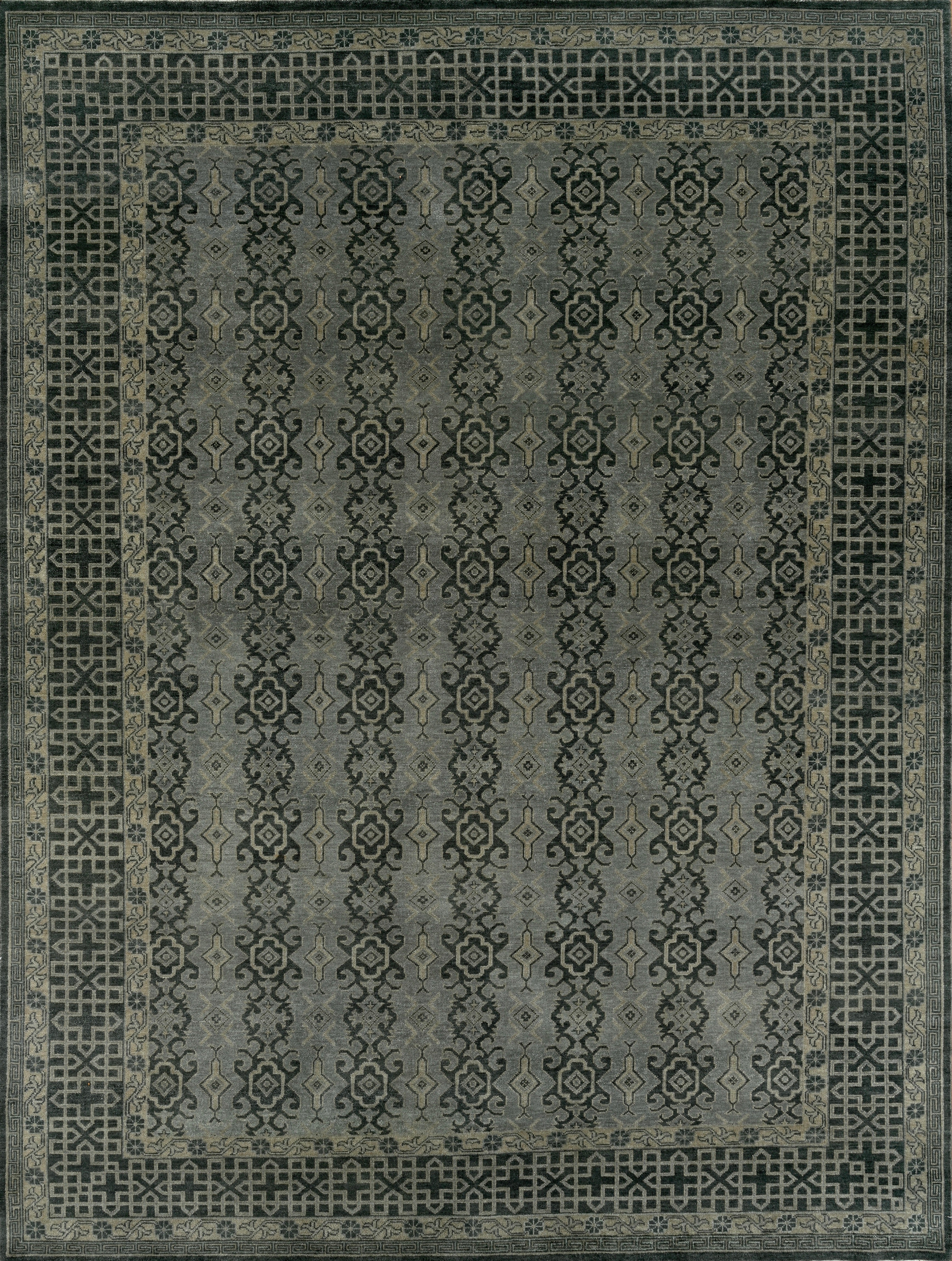 Large Contemporary Geometric Hand-Knotted Wool Rug in Charcoal and Silver Grey For Sale