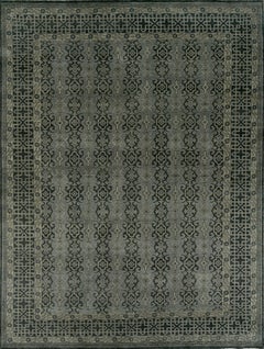 Large Contemporary Geometric Hand-Knotted Wool Rug in Charcoal and Silver Grey
